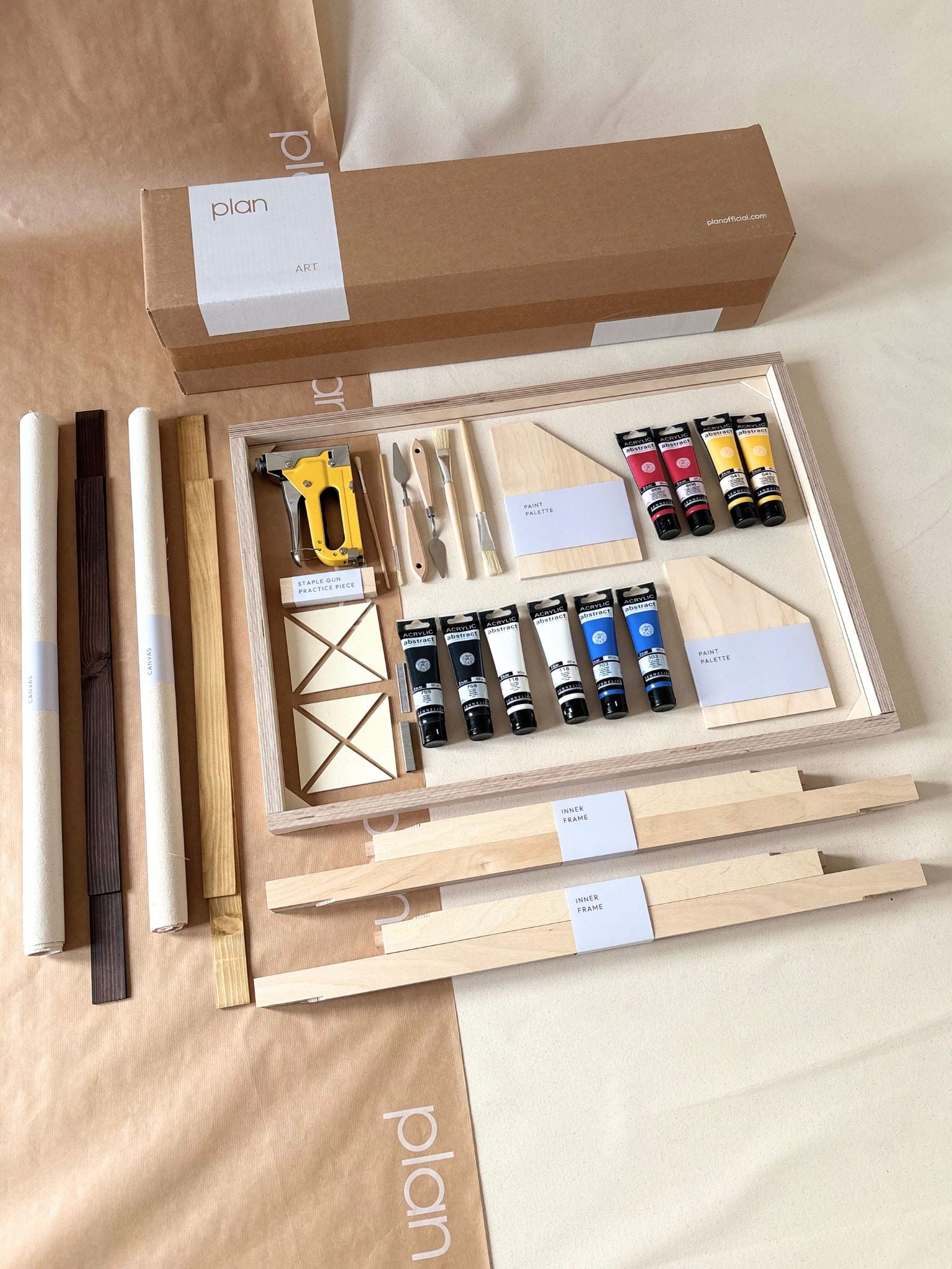 Double framed canvas art kit in primary colours, two large canvases with mixed oak and dark oak edge frames, DIY art kit with paints, frames and tools included