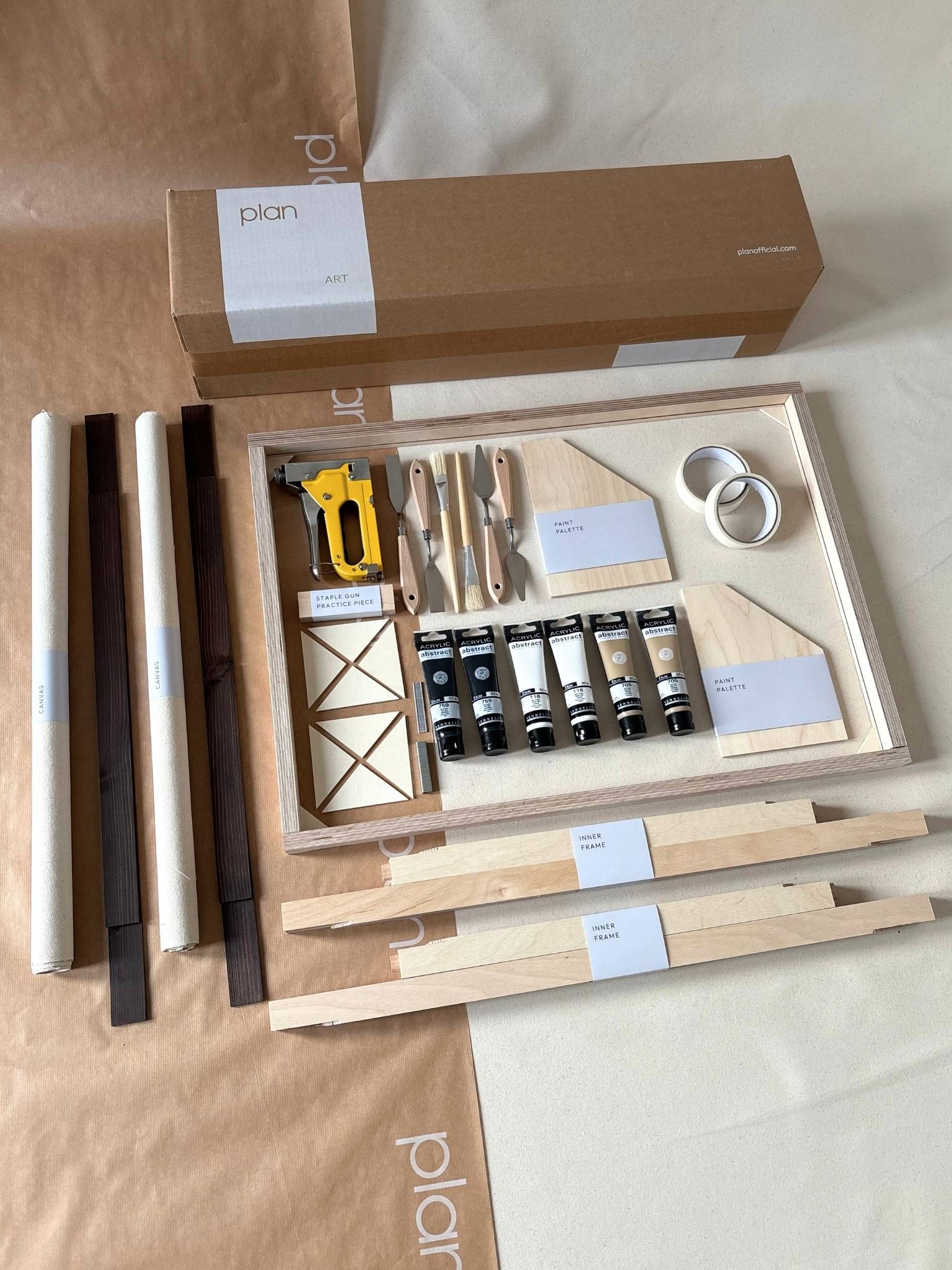 Monochrome double framed canvas art kit, two large cotton DIY canvases with dark oak edge frames, complete art kit for creating bold black and white wall art