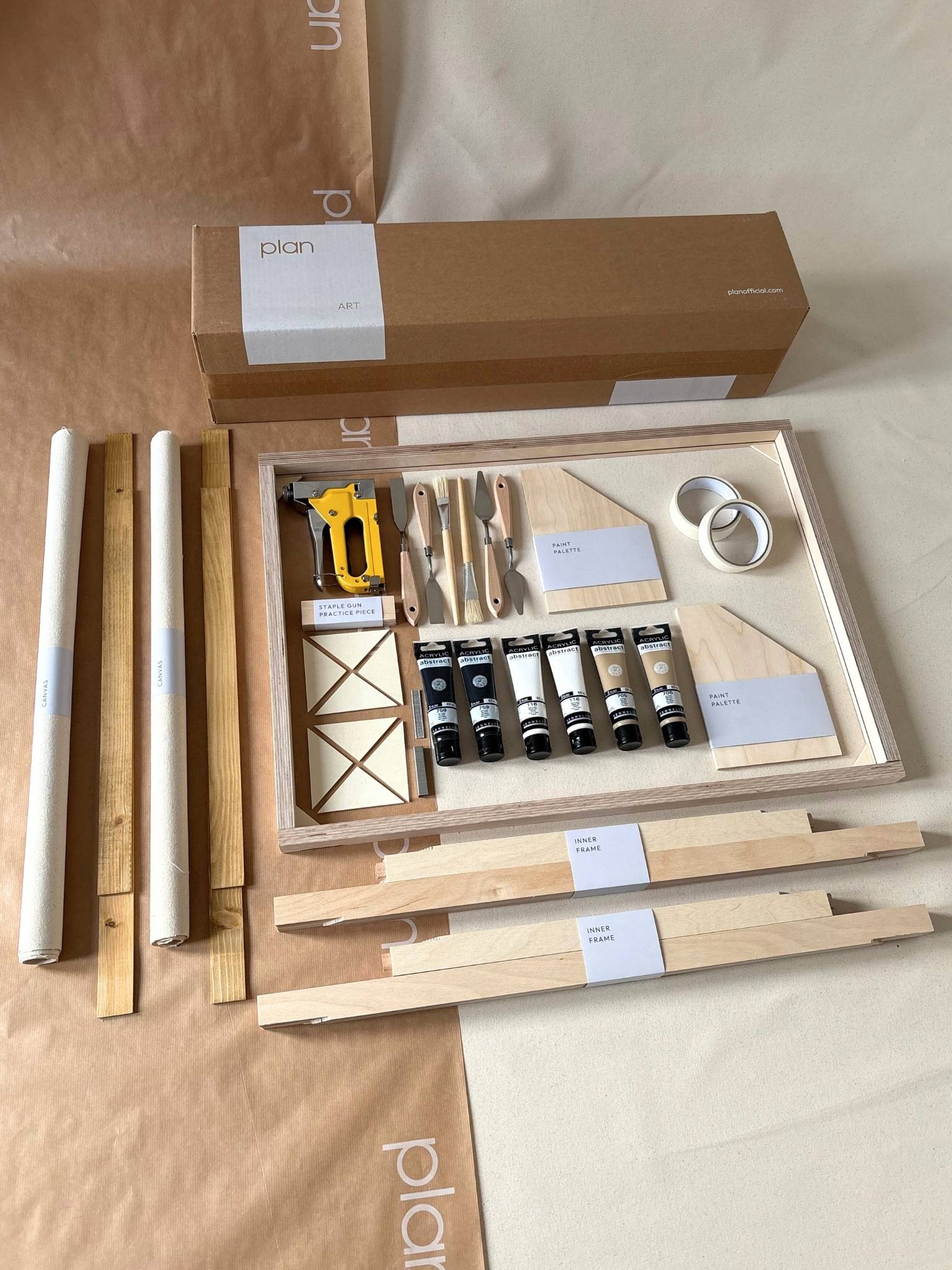 Large double framed canvas art kit in monochrome black and white palette, two large cotton DIY canvases with oak edge frames, create matching artworks at home