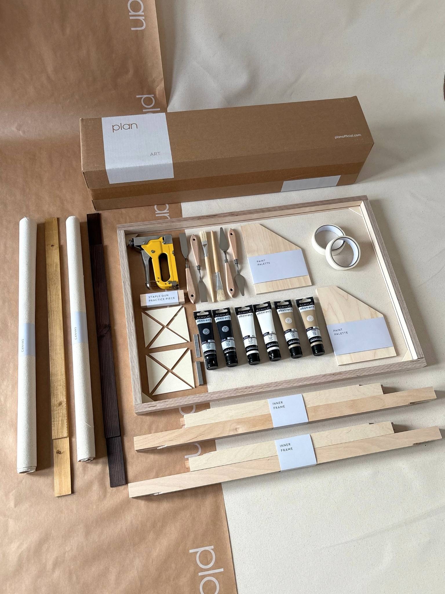 Double framed canvas art kit in monochrome palette, two large cotton canvases with mixed oak and dark oak edge frames, includes paints, frames and tools