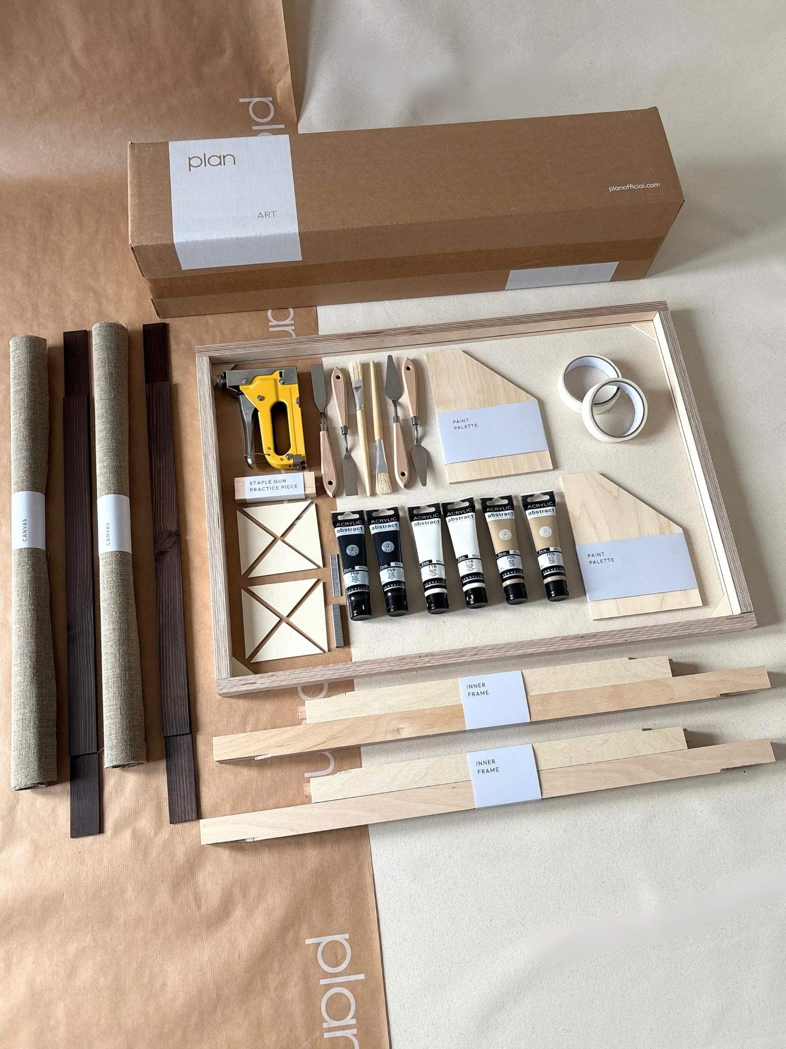 Monochrome double framed canvas art kit, two large linen DIY canvases with dark oak edge frames, complete art kit for creating bold black and white wall art