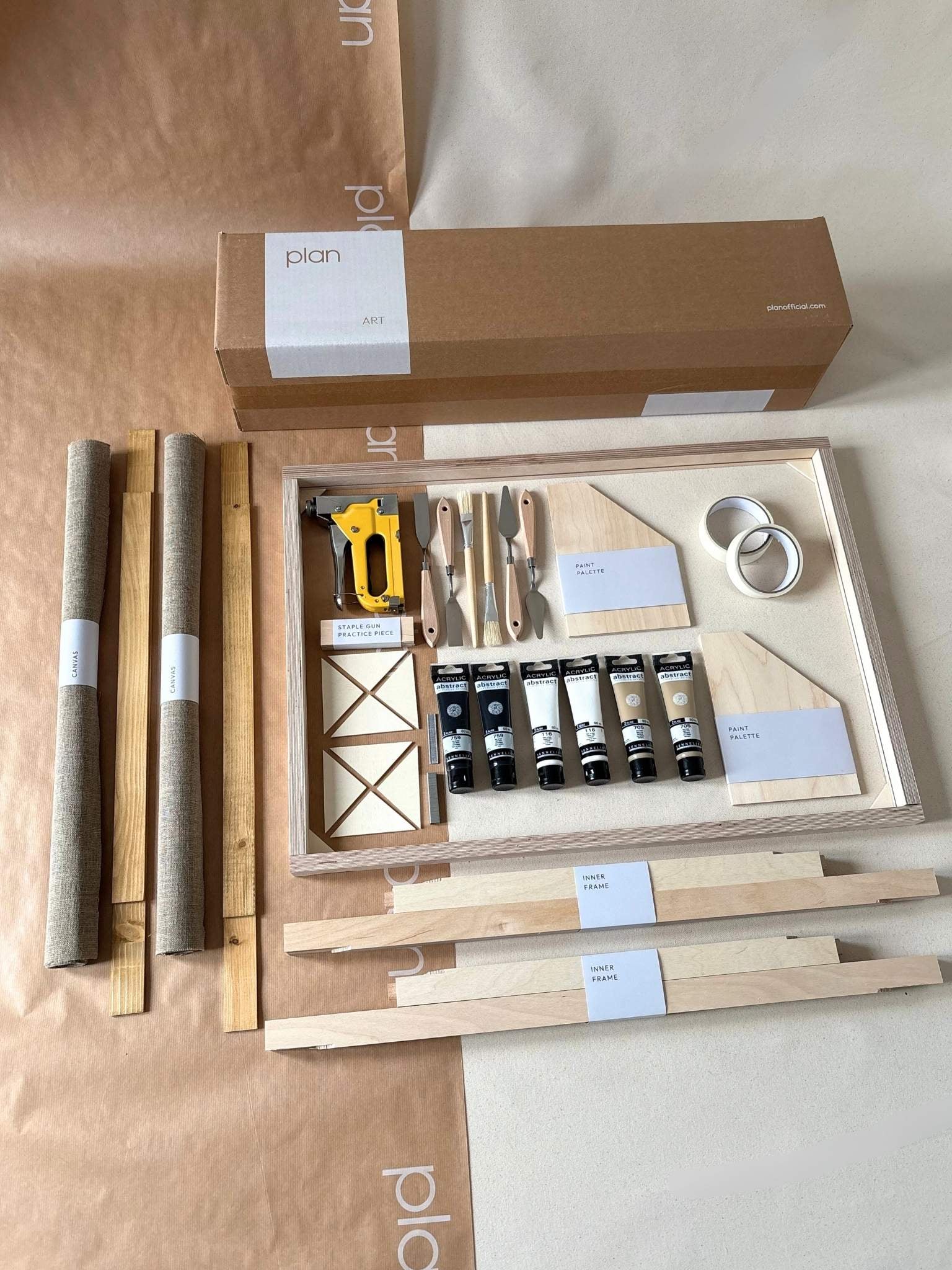 Large double framed canvas art kit in monochrome black and white palette, two large linen DIY canvases with oak edge frames, create matching artworks at home