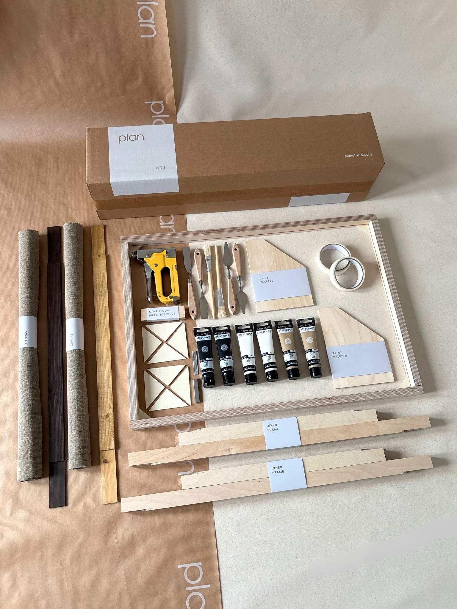 Double framed canvas art kit in monochrome palette, two large linen canvases with mixed oak and dark oak edge frames, includes paints, frames and tools