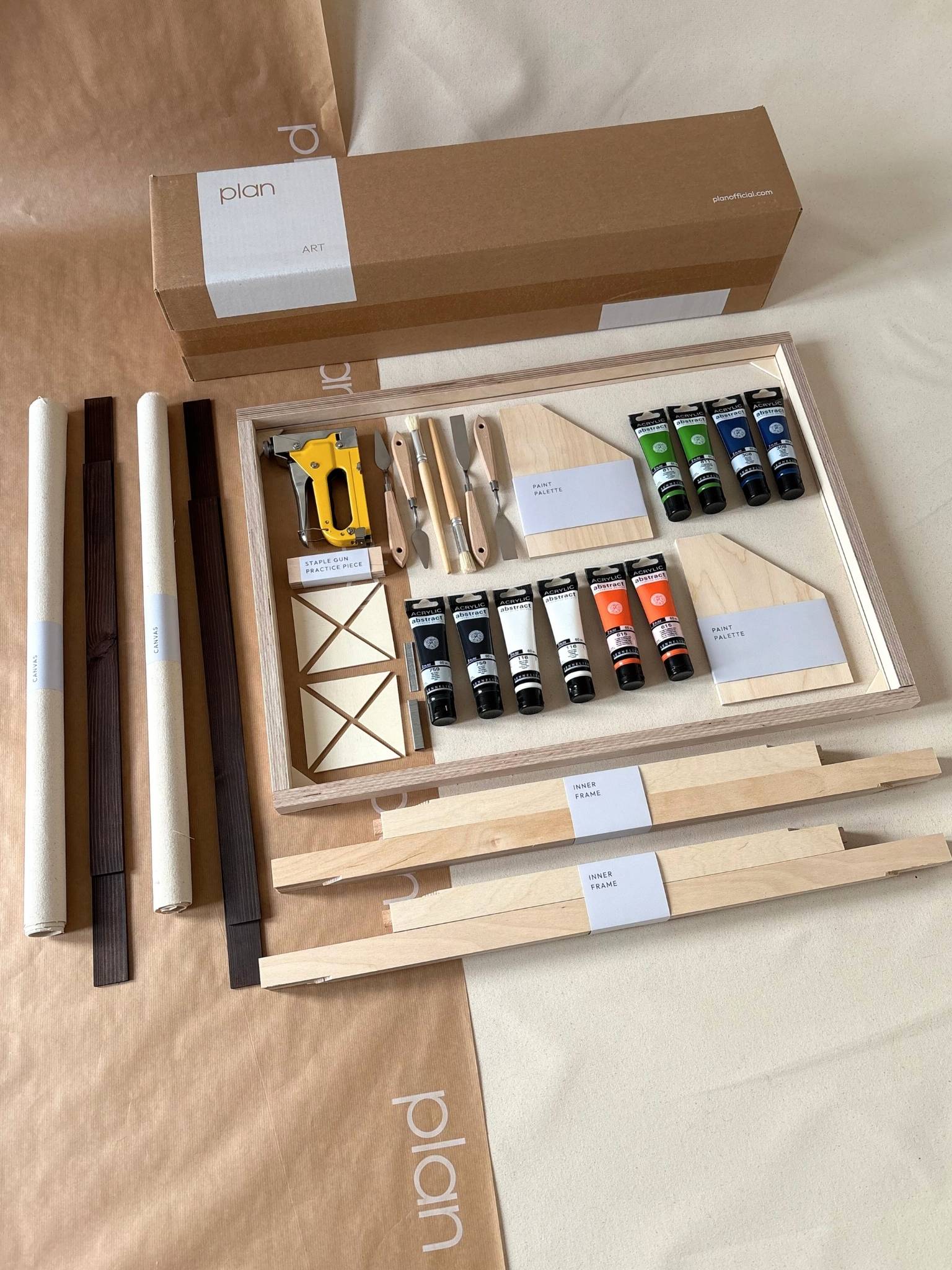 Navy and bright double framed canvas art kit, two large DIY canvases with dark oak edge frames, complete art kit for creating bold matching wall art