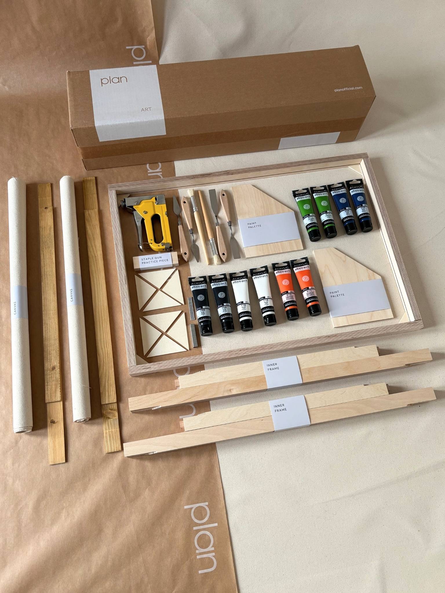 Large double framed canvas art kit in navy and bright colour palette, two large DIY canvases with oak edge frames, create two matching artworks at home