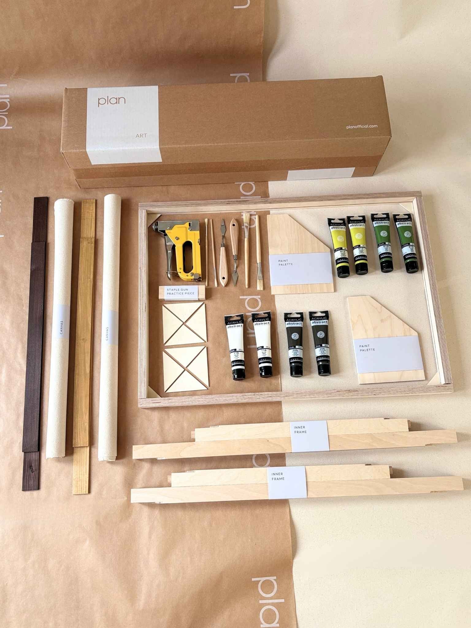 Create two matching artworks at home with this Olive double framed canvas art kit, including cotton canvases, premium paints, tools and a mix of oak and dark oak frames