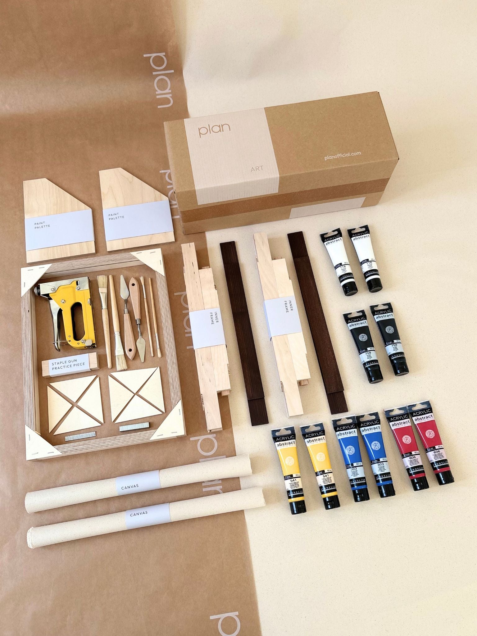 Primary colours double framed canvas art kit, two small DIY canvases with dark oak edge frames, complete art kit to create matching wall art at home