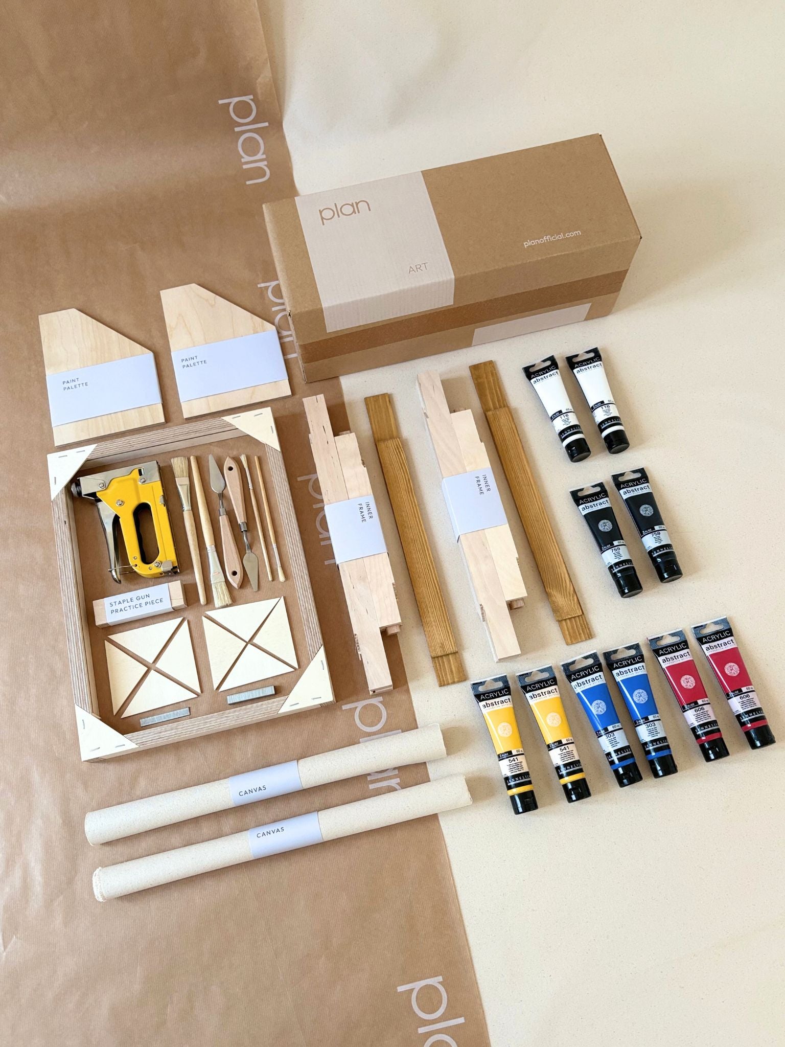 Double framed canvas art kit with primary colours palette, two small canvases, DIY art kit to create two matching artworks with oak edge frames, paints, frames and tools included