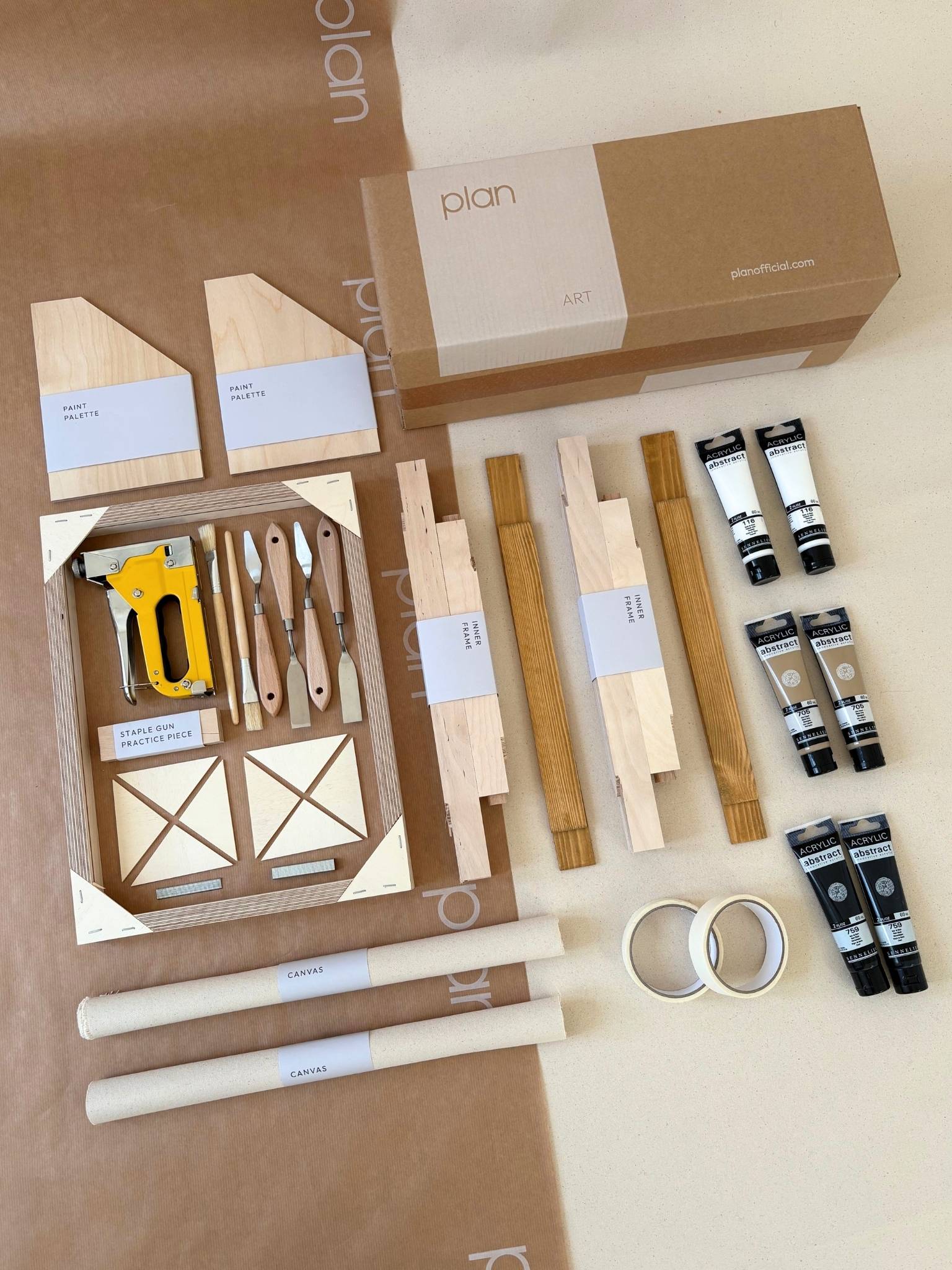 Double framed canvas art kit in monochrome black and white palette, two small cotton canvases with oak edge frames, DIY art kit to create matching wall art