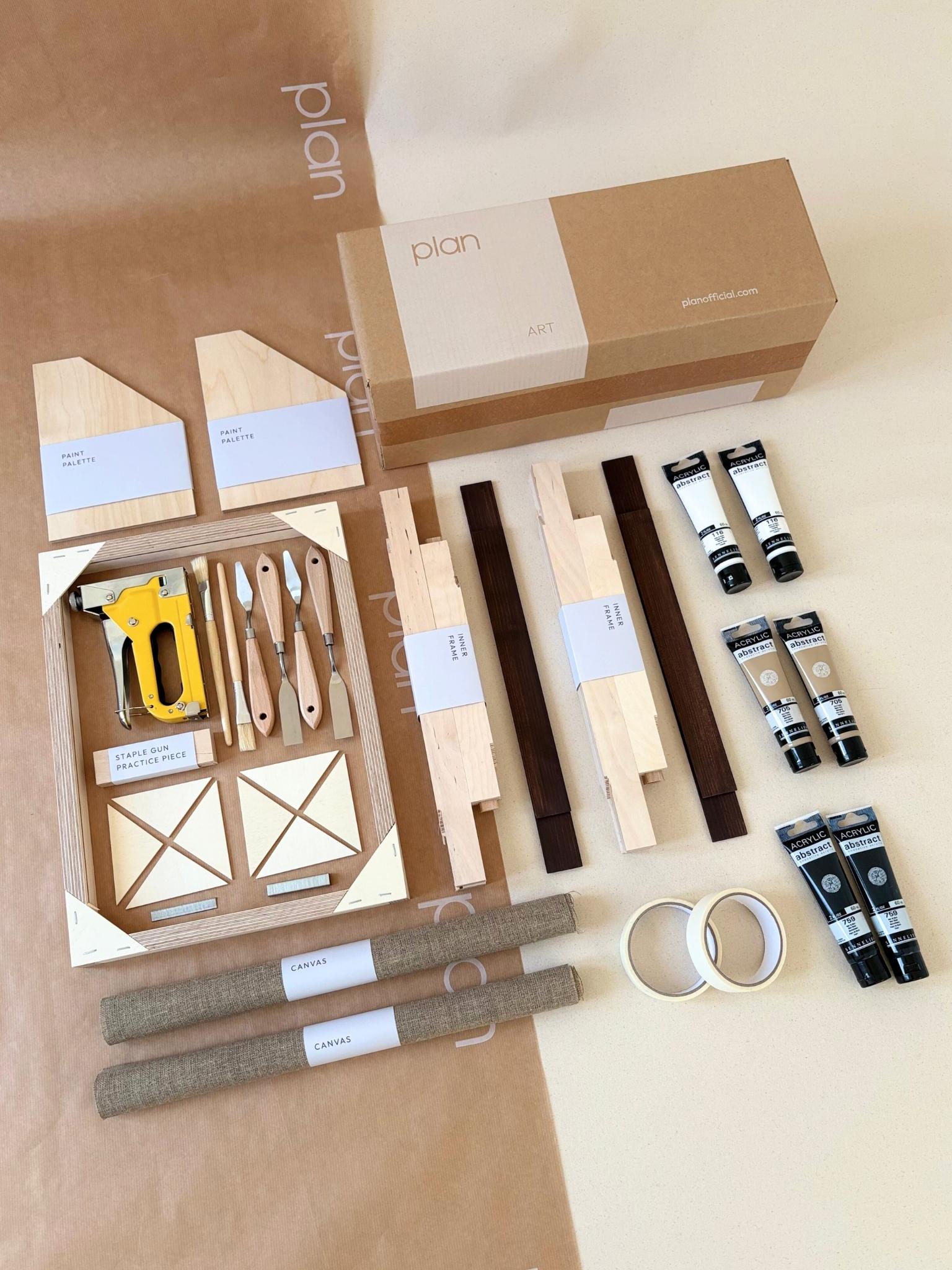 Monochrome double framed canvas art kit, two small linen DIY canvases with dark oak edge frames, complete art kit with paints, frames and tools included