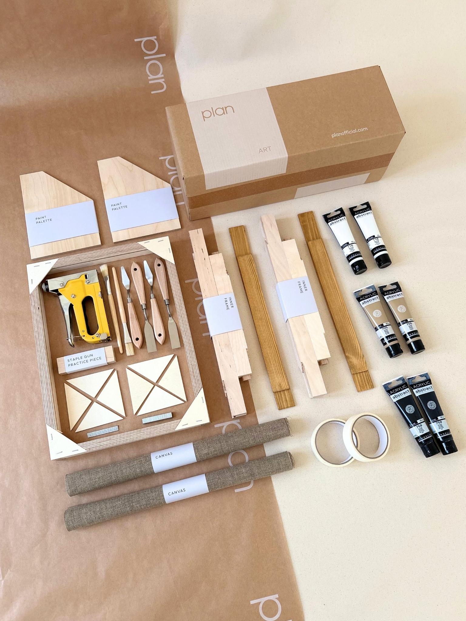 Double framed canvas art kit in monochrome black and white palette, two small linen canvases with oak edge frames, DIY art kit to create matching wall art