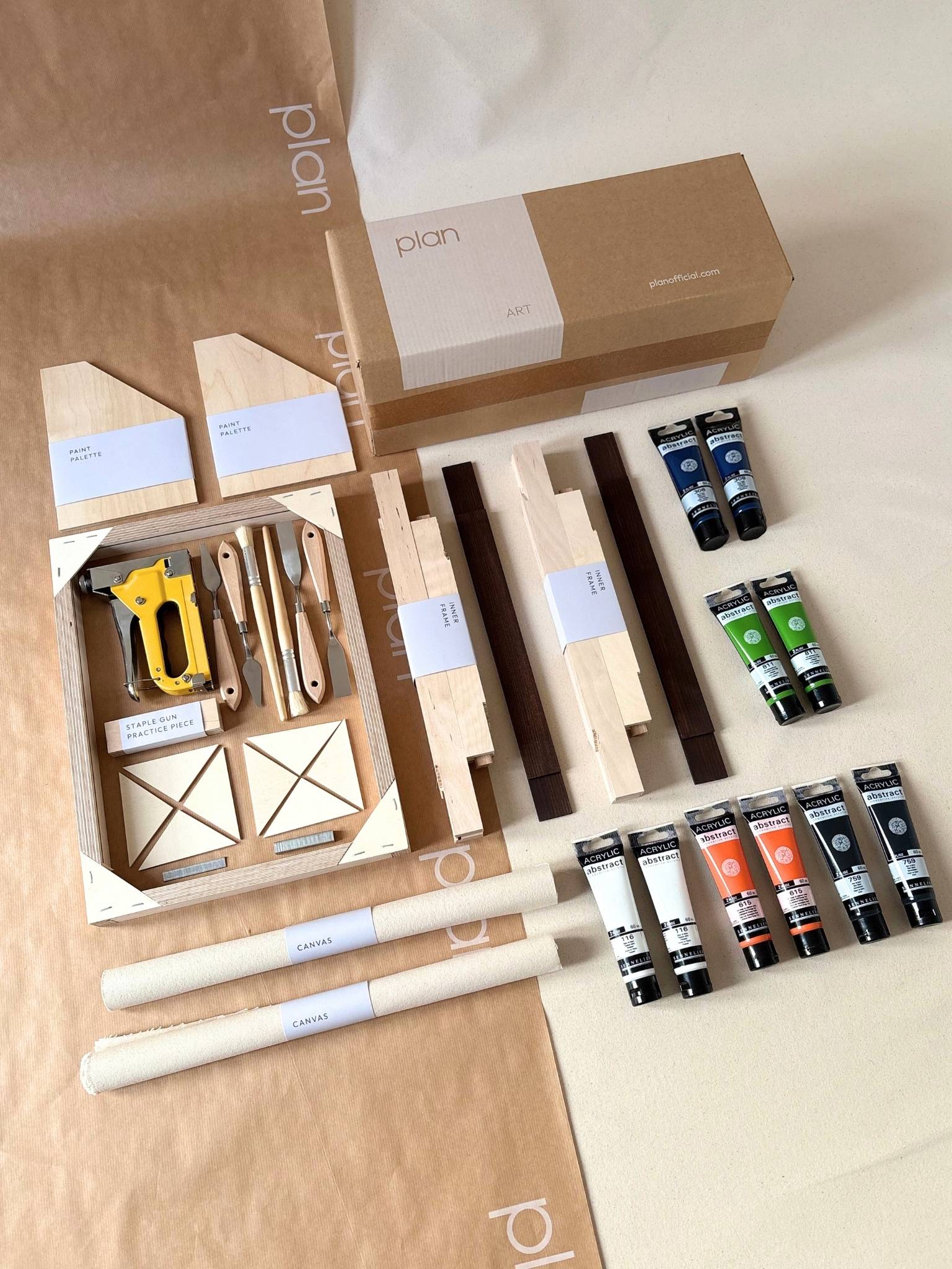 Navy and bright double framed canvas art kit, two small DIY canvases with dark oak edge frames, paints, frames and tools included for creating matching wall art