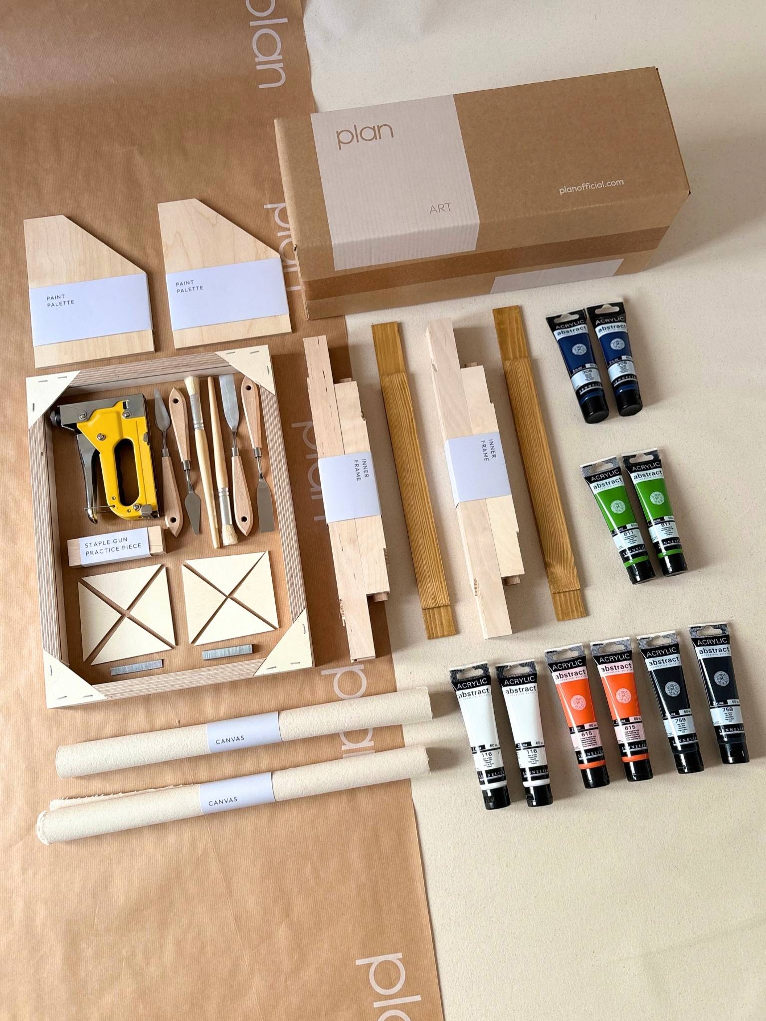 Double framed canvas art kit in navy and bright colour palette, two small DIY canvases with oak edge frames, complete art kit to create two matching artworks