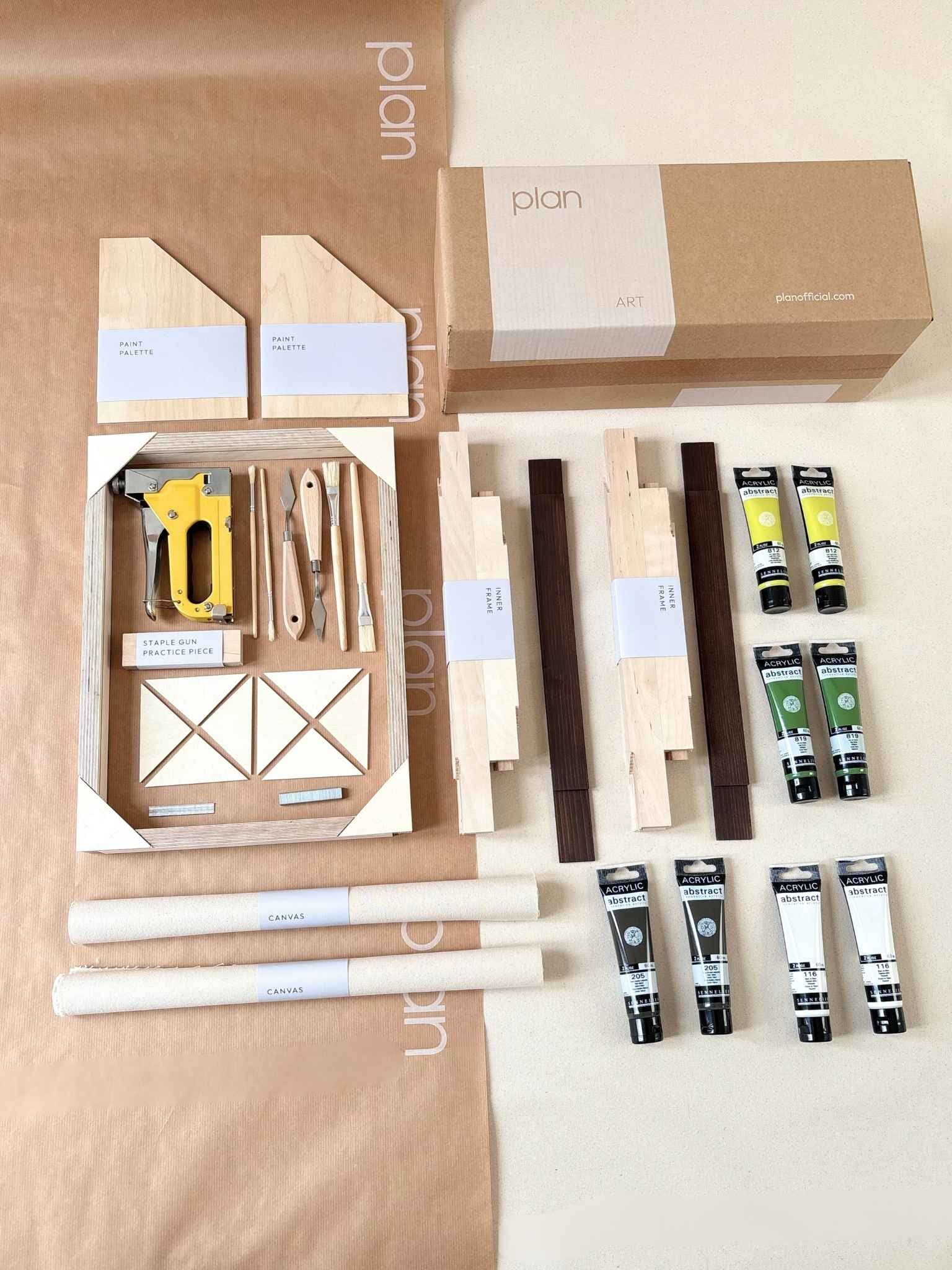 Small Olive double DIY art kit for creating two framed abstract canvases at home, with cotton canvas, premium acrylic paints, tools included and dark oak frames