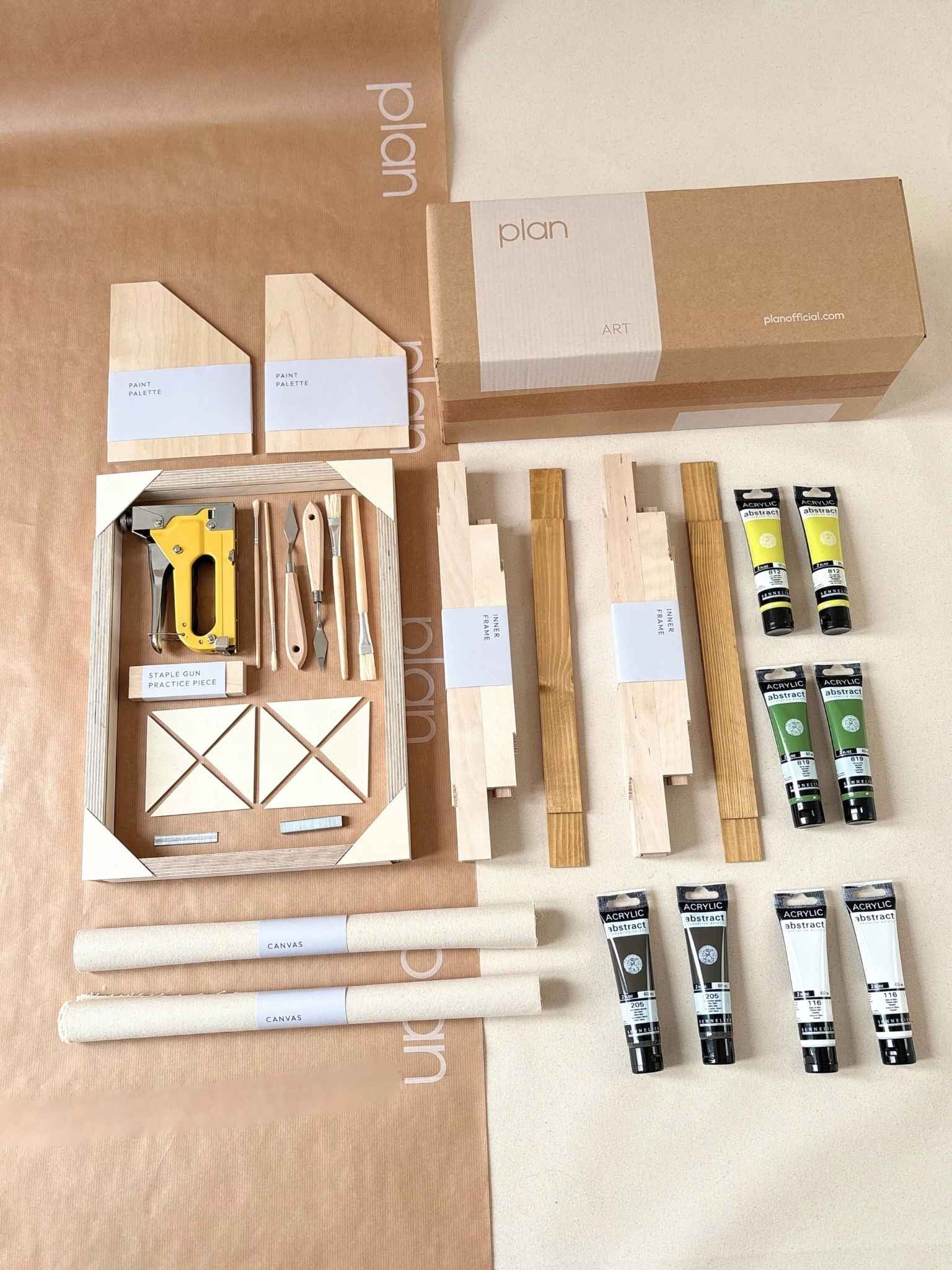 Everything you need to create your own abstract wall art at home with Olive double framed canvas art kit with cotton canvases, curated green paint palette and oak frames