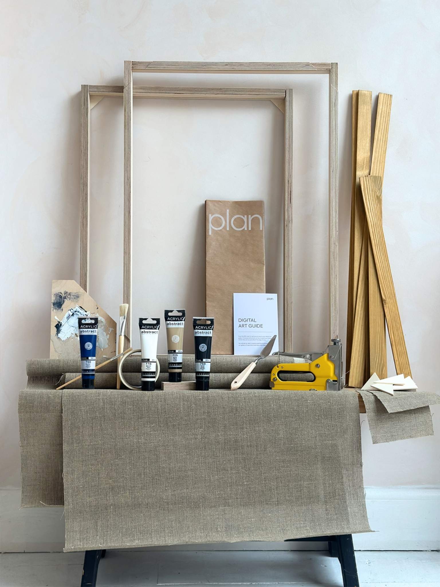 Large double framed canvas art kit in monochrome black and white palette, two large linen DIY canvases with oak edge frames, create matching artworks at home.