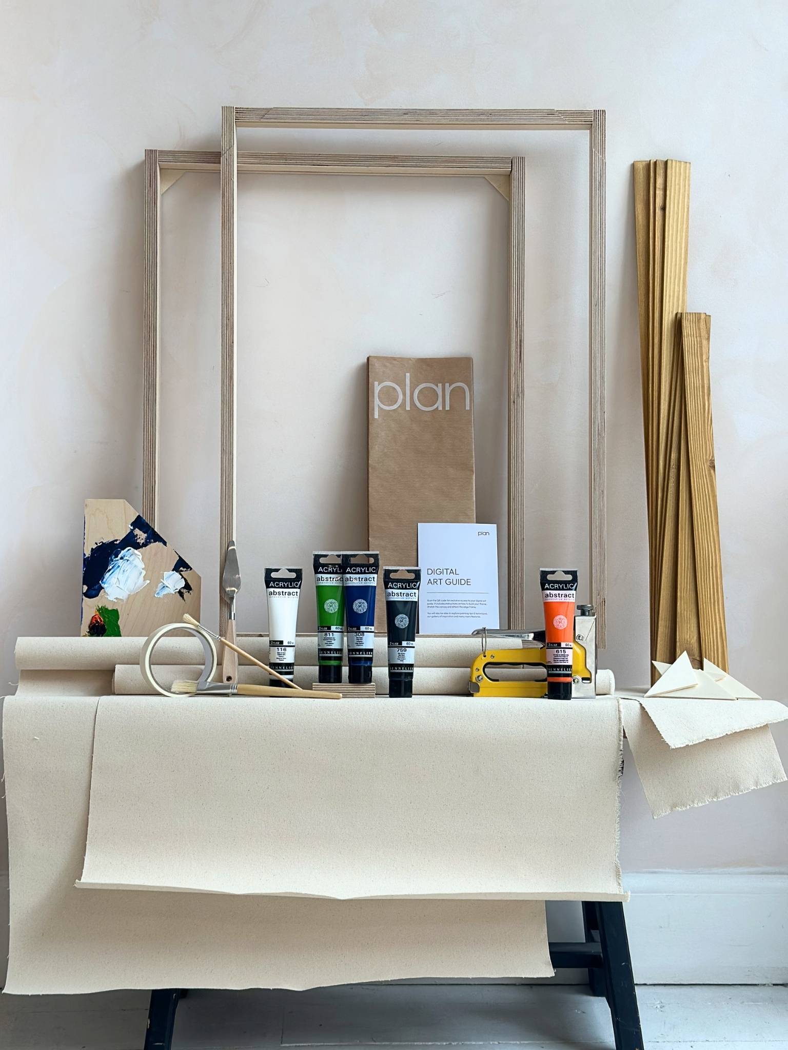 Large double framed canvas art kit in navy and bright colour palette, two large DIY canvases with oak edge frames, create two matching artworks at home.