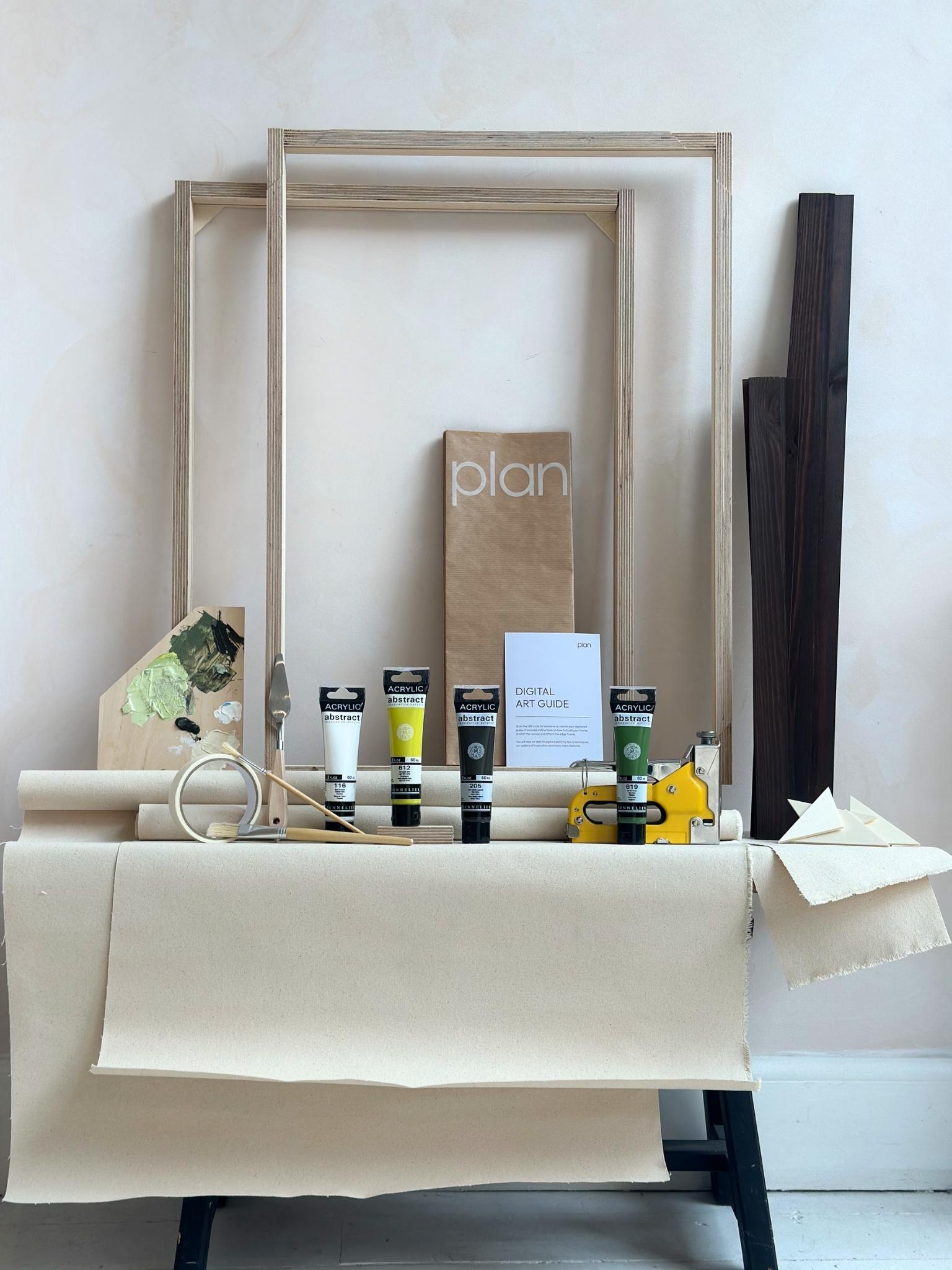 Everything you need to create two framed abstract artworks at home. Olive double framed canvas art kit with cotton canvases, premium acrylic paints, tools and handcrafted dark oak edge frames.