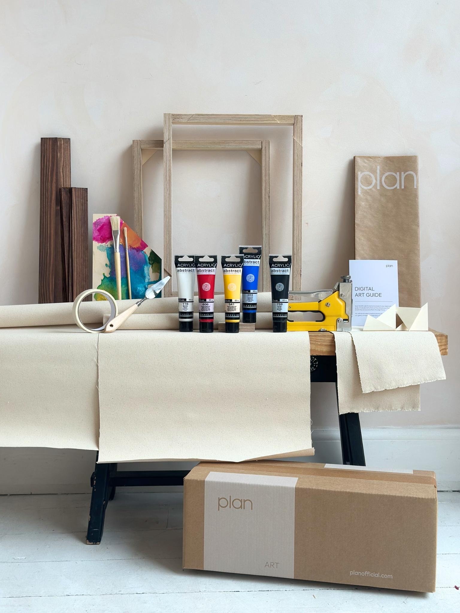 Primary colours double framed canvas art kit, two small DIY canvases with dark oak edge frames, complete art kit to create matching wall art at home.