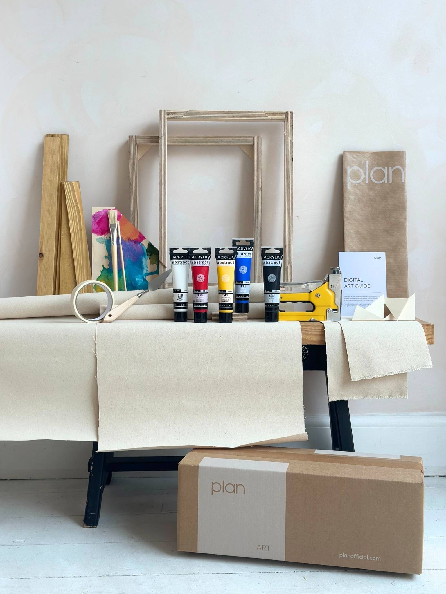 Double framed canvas art kit with primary colours palette, two small canvases, DIY art kit to create two matching artworks with oak edge frames, paints, frames and tools included.
