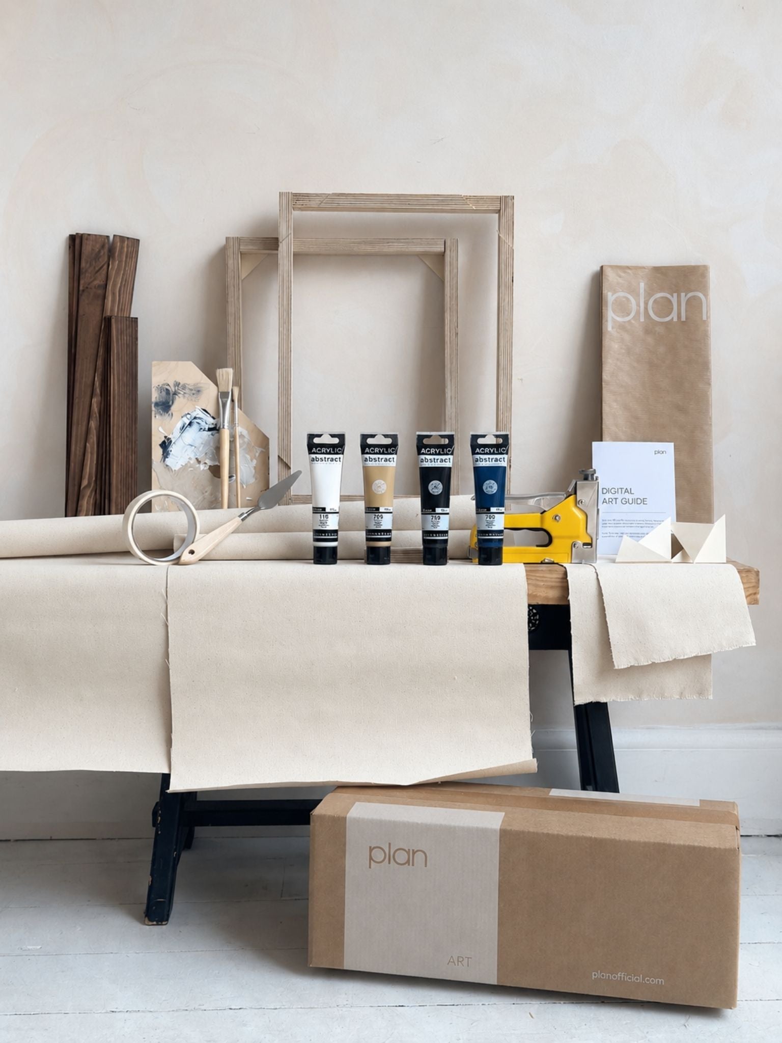 Monochrome double framed canvas art kit, two small cotton DIY canvases with dark oak edge frames, complete art kit with paints, frames and tools included.
