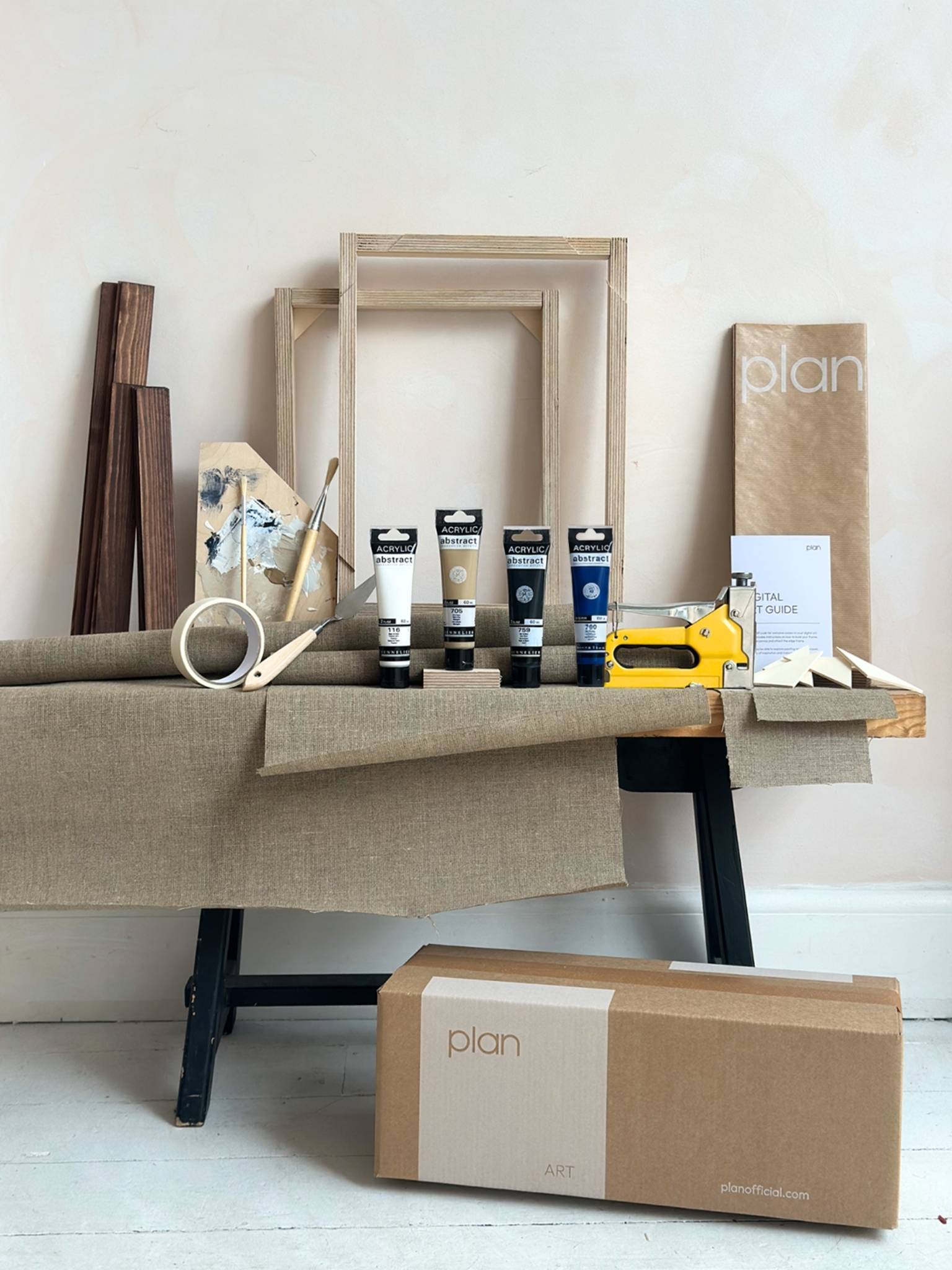 Monochrome double framed canvas art kit, two small linen DIY canvases with dark oak edge frames, complete art kit with paints, frames and tools included.