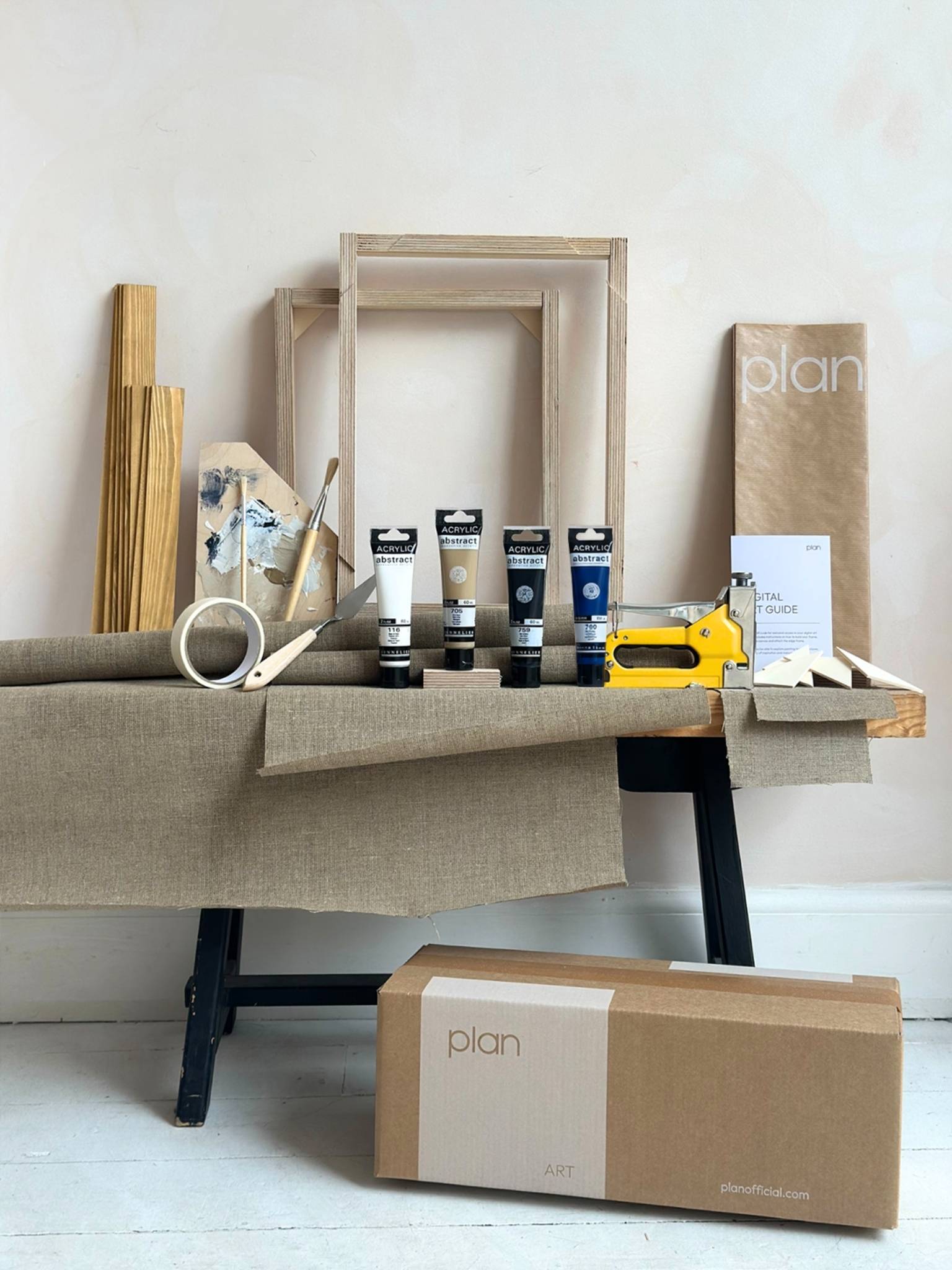 Double framed canvas art kit in monochrome black and white palette, two small linen canvases with oak edge frames, DIY art kit to create matching wall art.