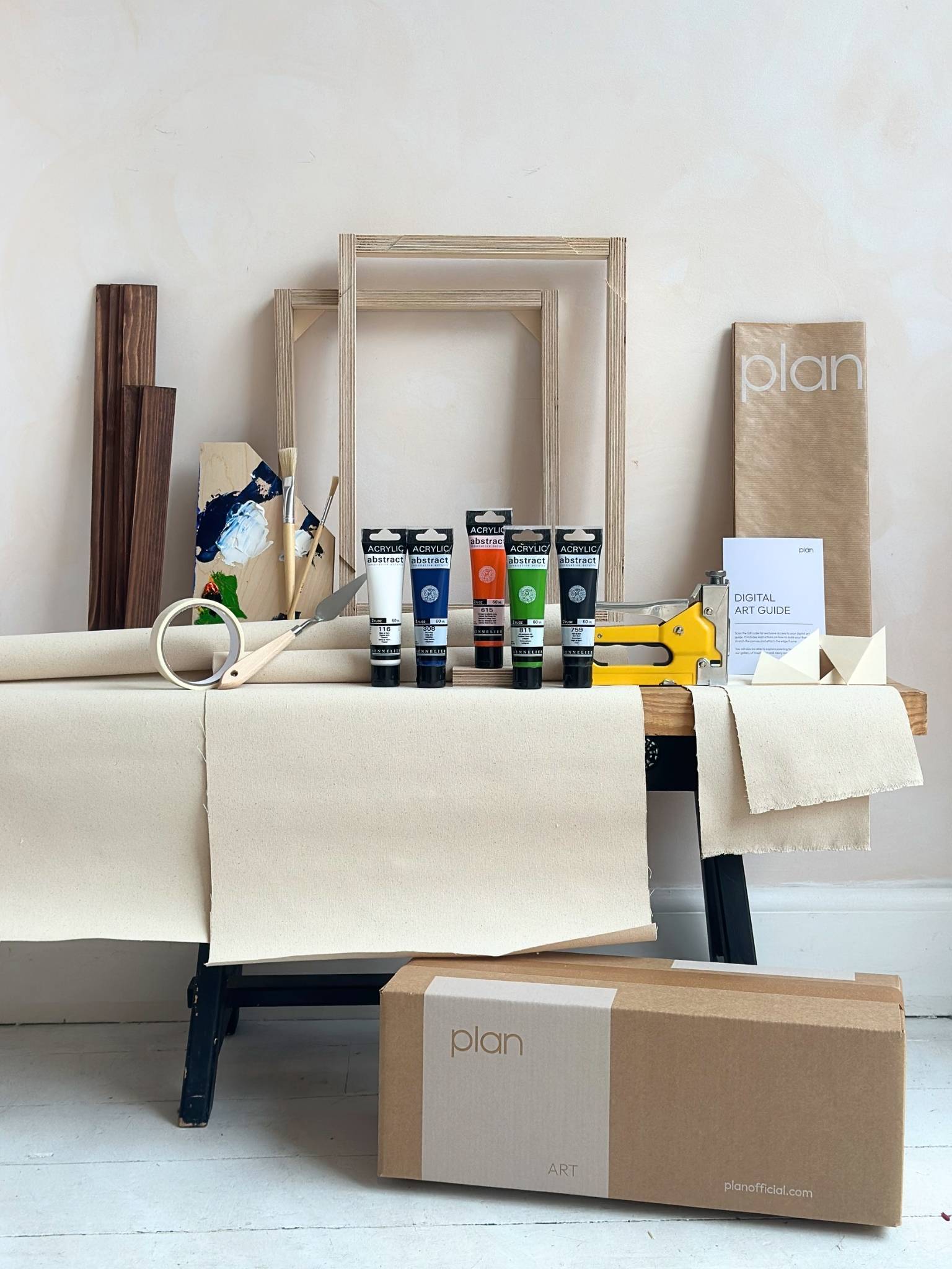 Navy and bright double framed canvas art kit, two small DIY canvases with dark oak edge frames, paints, frames and tools included for creating matching wall art.