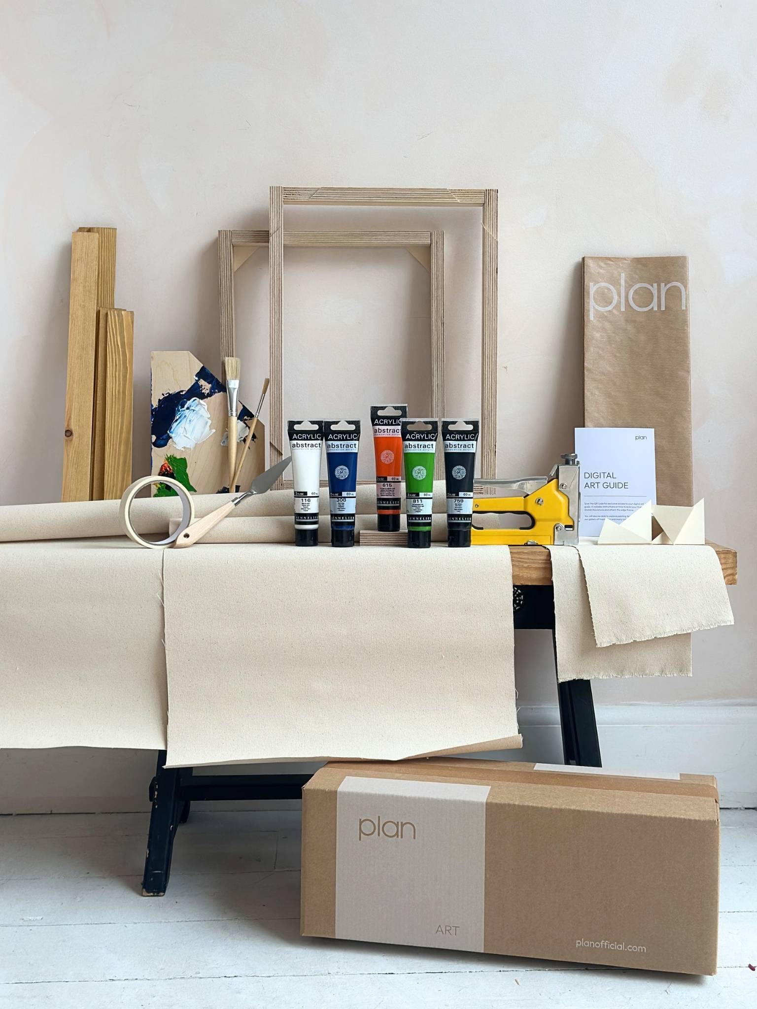 Double framed canvas art kit in navy and bright colour palette, two small DIY canvases with oak edge frames, complete art kit to create two matching artworks.