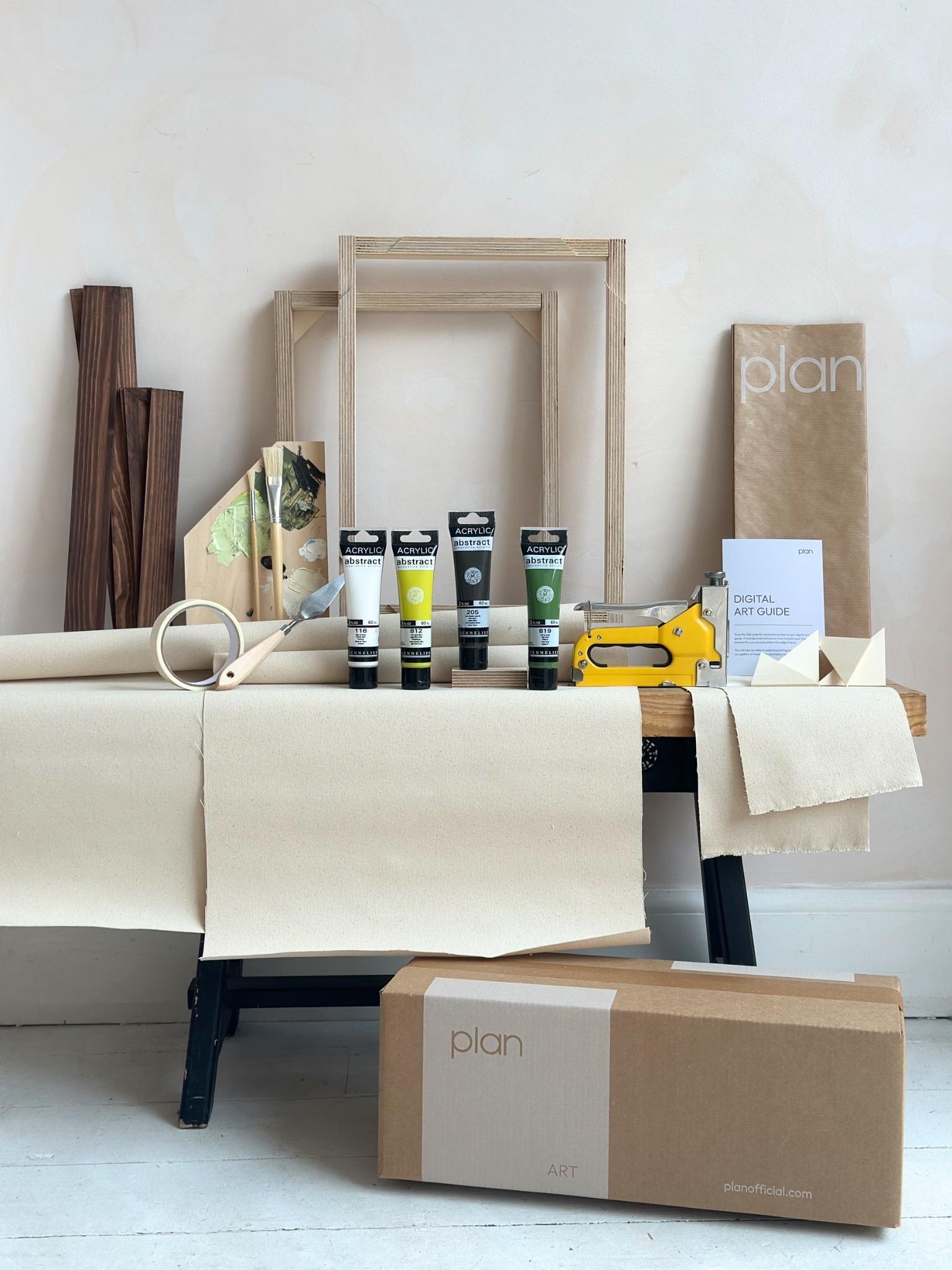 Small Olive double DIY art kit for creating two framed abstract canvases at home, with cotton canvas, premium acrylic paints, tools included and dark oak frames.