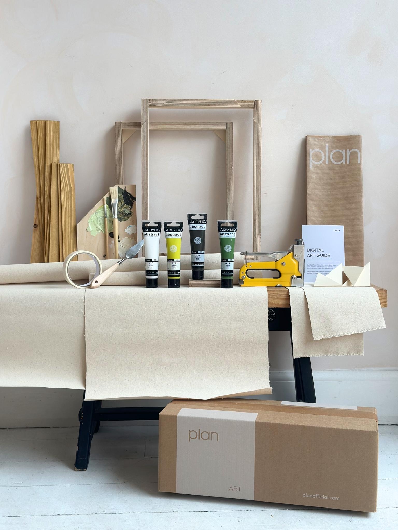 Everything you need to create your own abstract wall art at home with Olive double framed canvas art kit with cotton canvases, curated green paint palette and oak frames.
