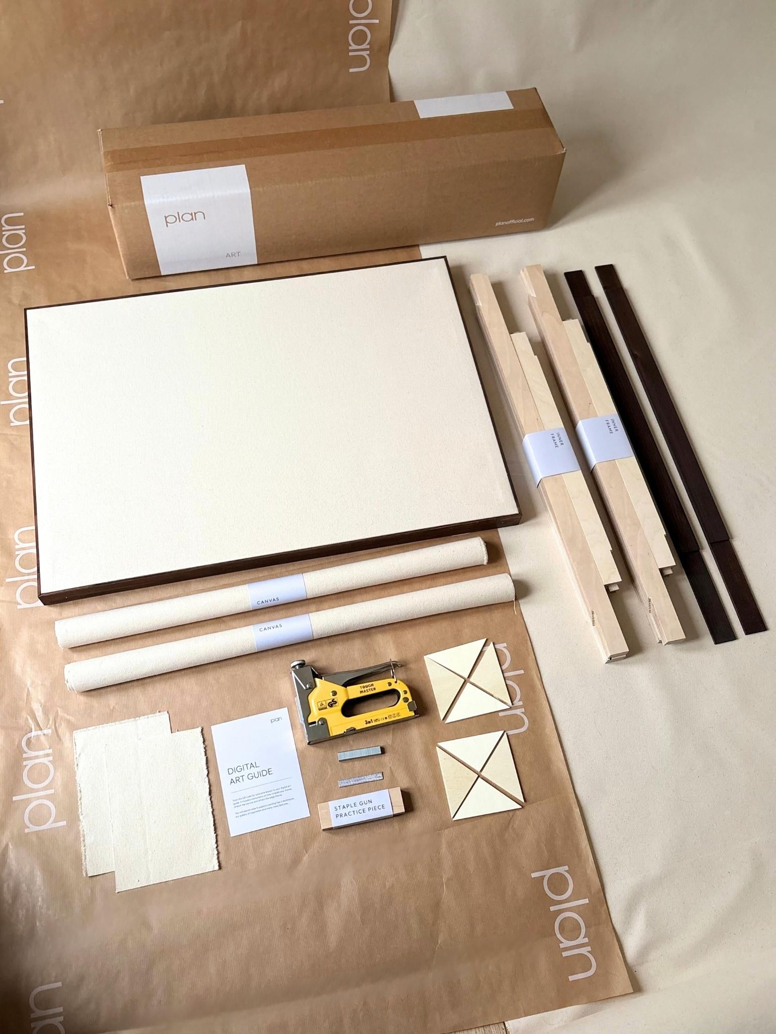 DIY framed cotton canvas double kit with dark oak edge frames, everything included to build and stretch two large framed canvases