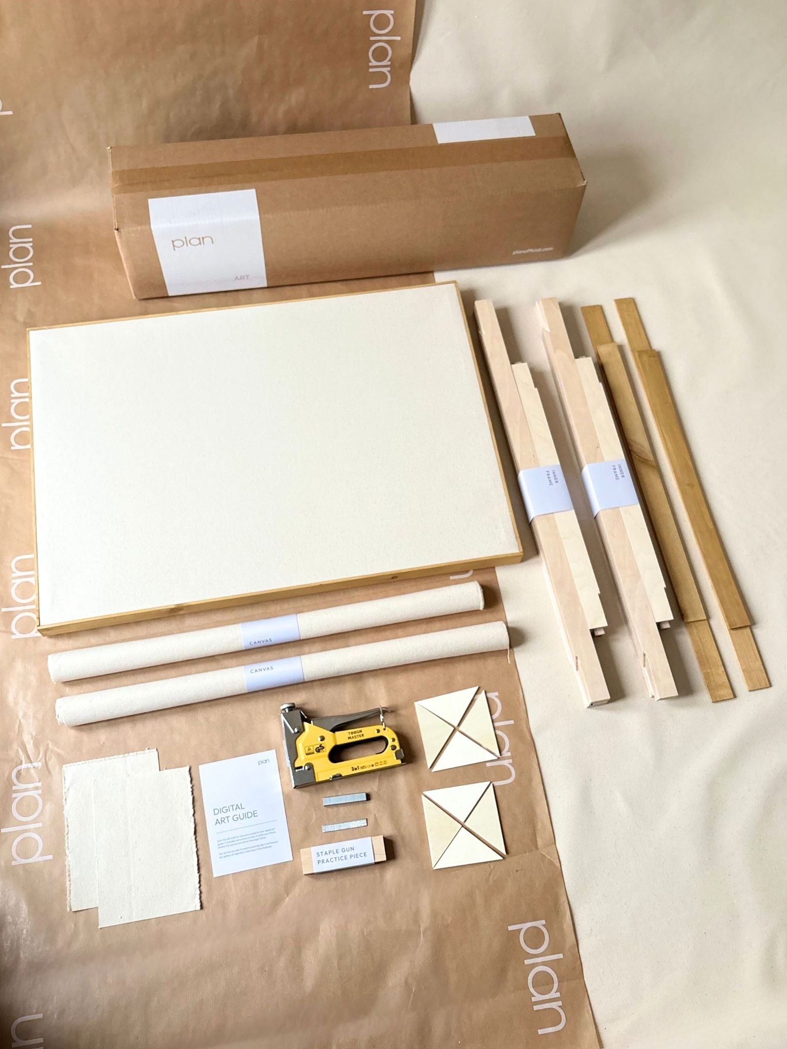 Large DIY framed cotton canvas double kit with oak edge frames, build and stretch two 50 x 70 cm canvases, handcrafted frames included