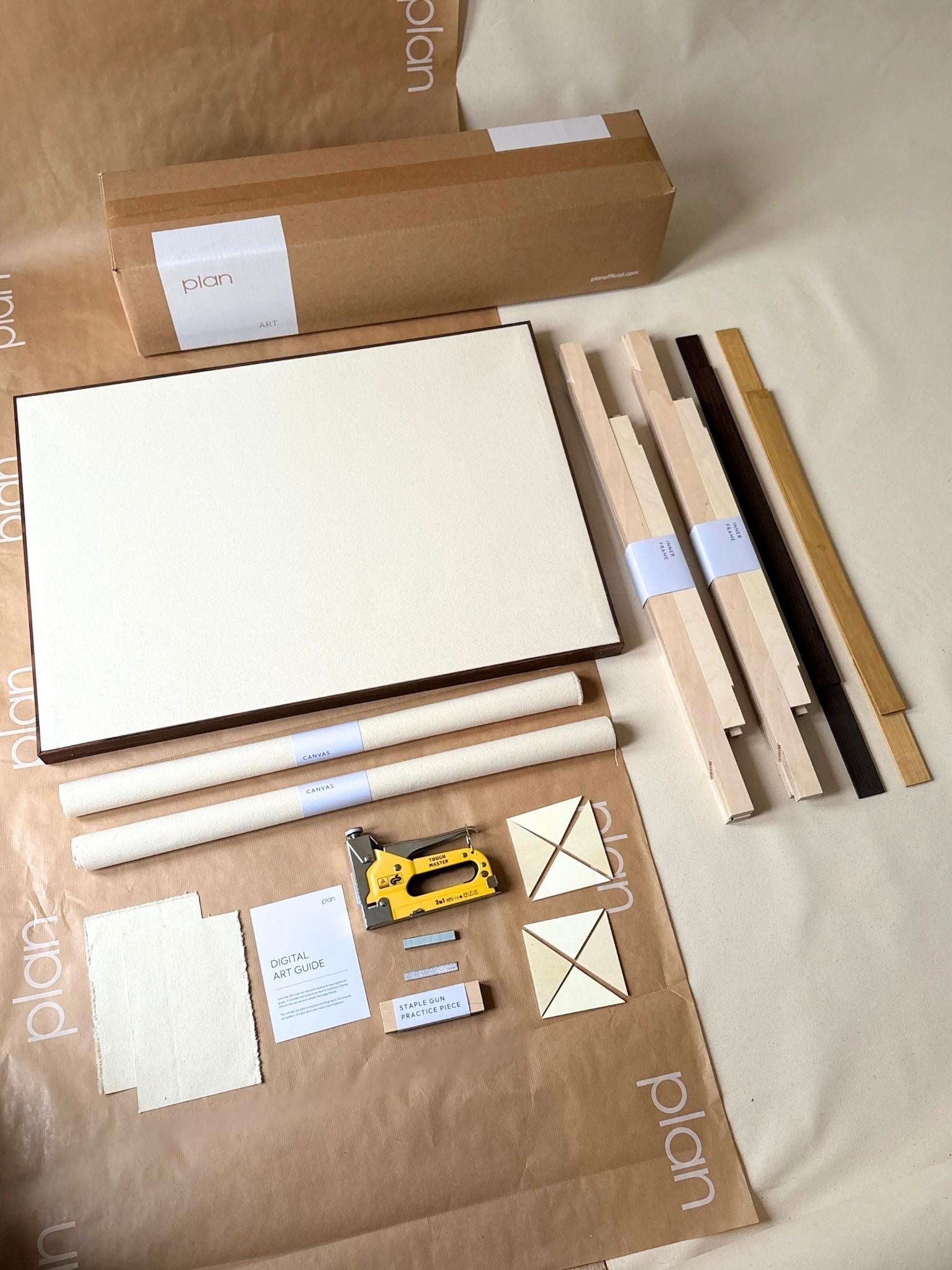 Double DIY framed cotton canvas kit with mixed oak and dark oak edge frames, build, stretch and frame two large canvases at home