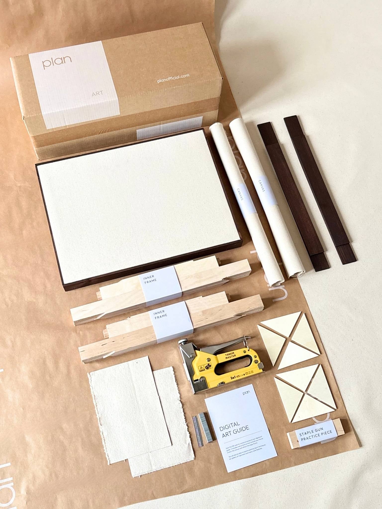 Double DIY framed cotton canvas kit with dark oak edge frames, includes everything to build the frame and stretch two 30 x 40 cm canvases
