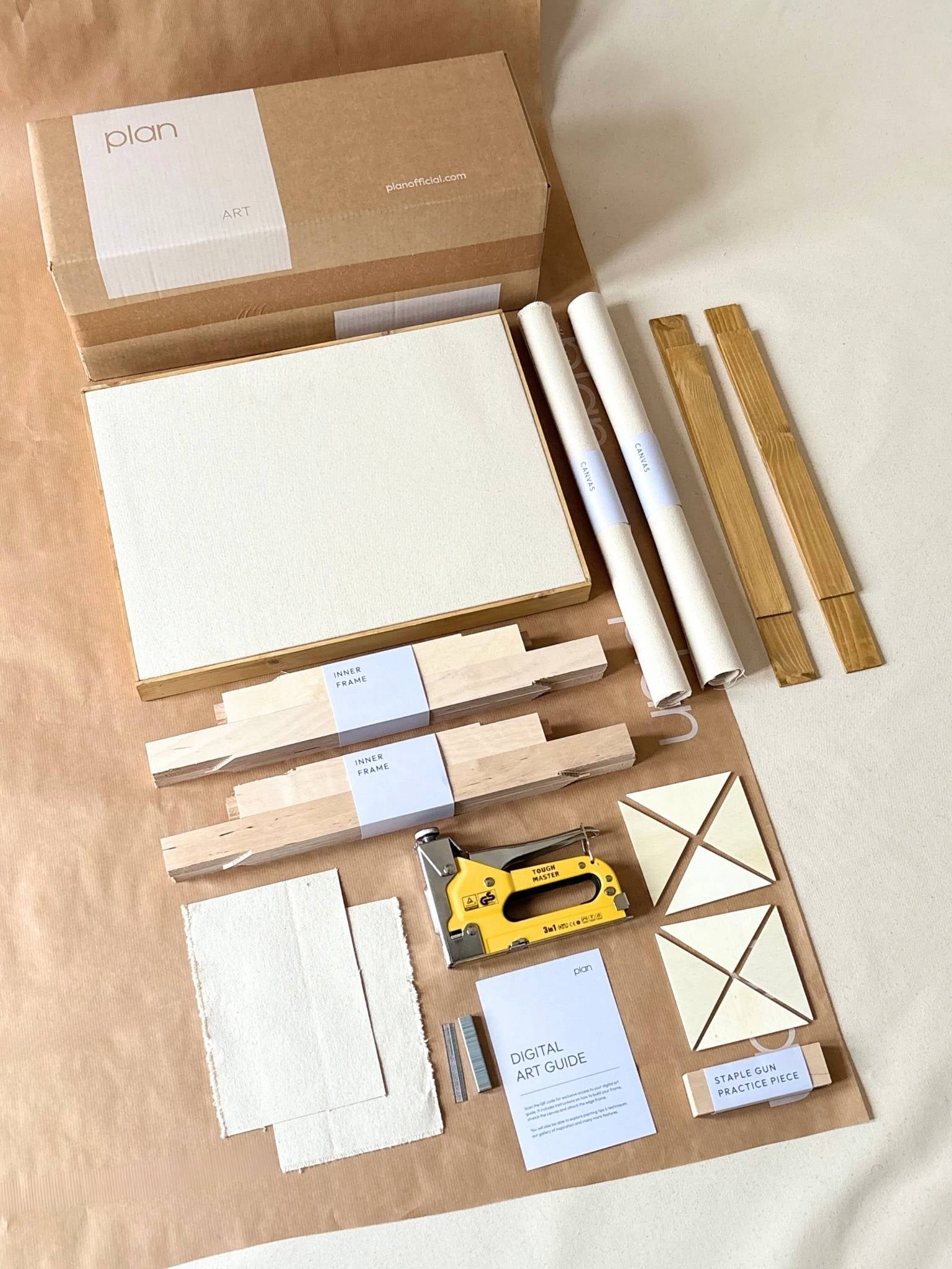 DIY framed cotton canvas double kit with oak edge frames, build and stretch two 30 x 40 cm canvases at home, handcrafted frames made locally in Edinburgh