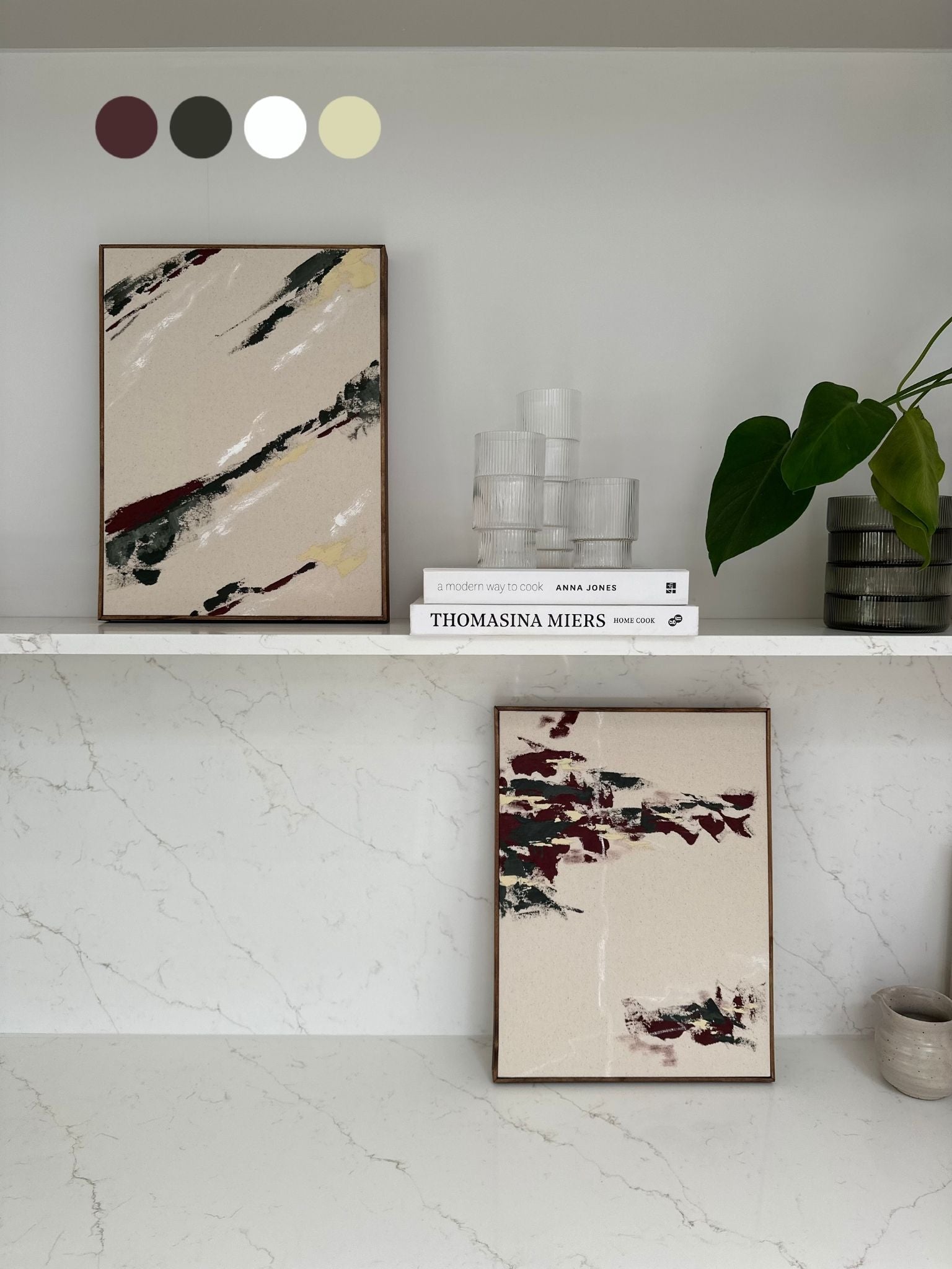 Finished forest red abstract artworks displayed as a matching pair, showing how a double art kit creates cohesive wall art for the home.