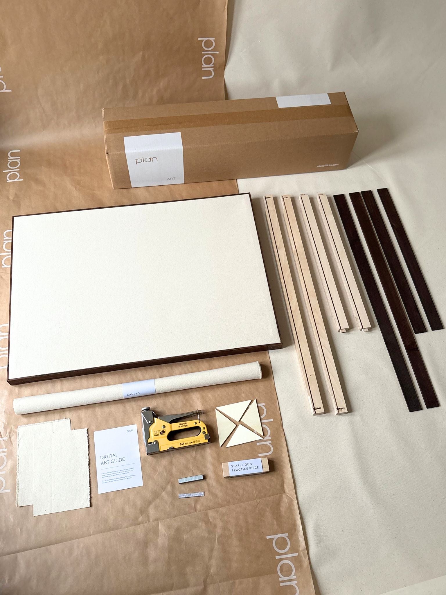 Large blank framed canvas kit with cotton canvas, DIY framed canvas with dark oak edge frame, custom inner frame and tools included, no paints included