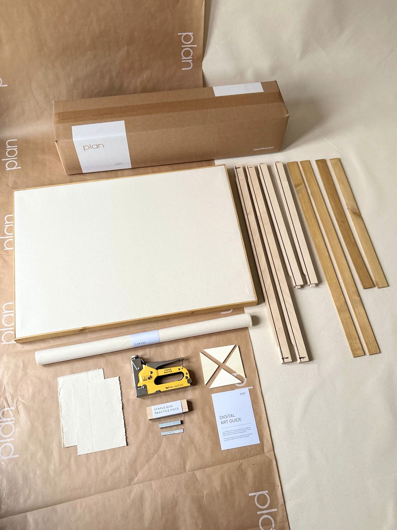 Large blank framed cotton canvas kit, DIY canvas frame kit with oak edge frame, includes cotton canvas, inner frame and tools to stretch your own canvas