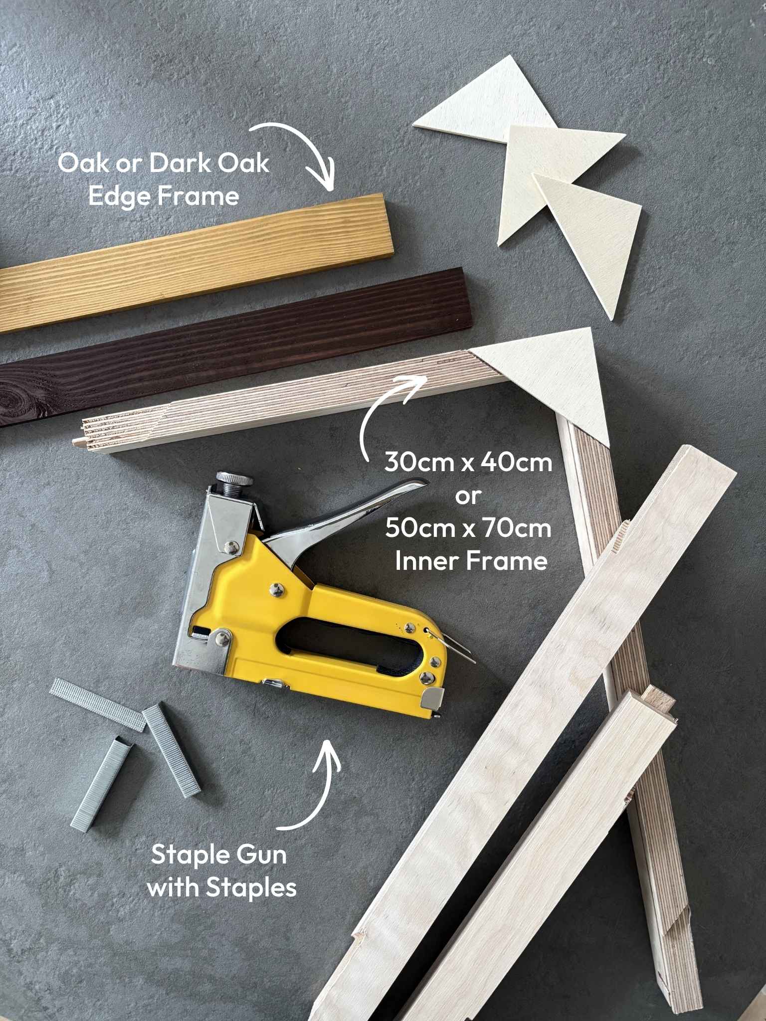 DIY framed canvas art kit components showing oak and dark oak edge frame options, wooden inner frame pieces, corner supports, staple gun and staples for building your own canvas at home.