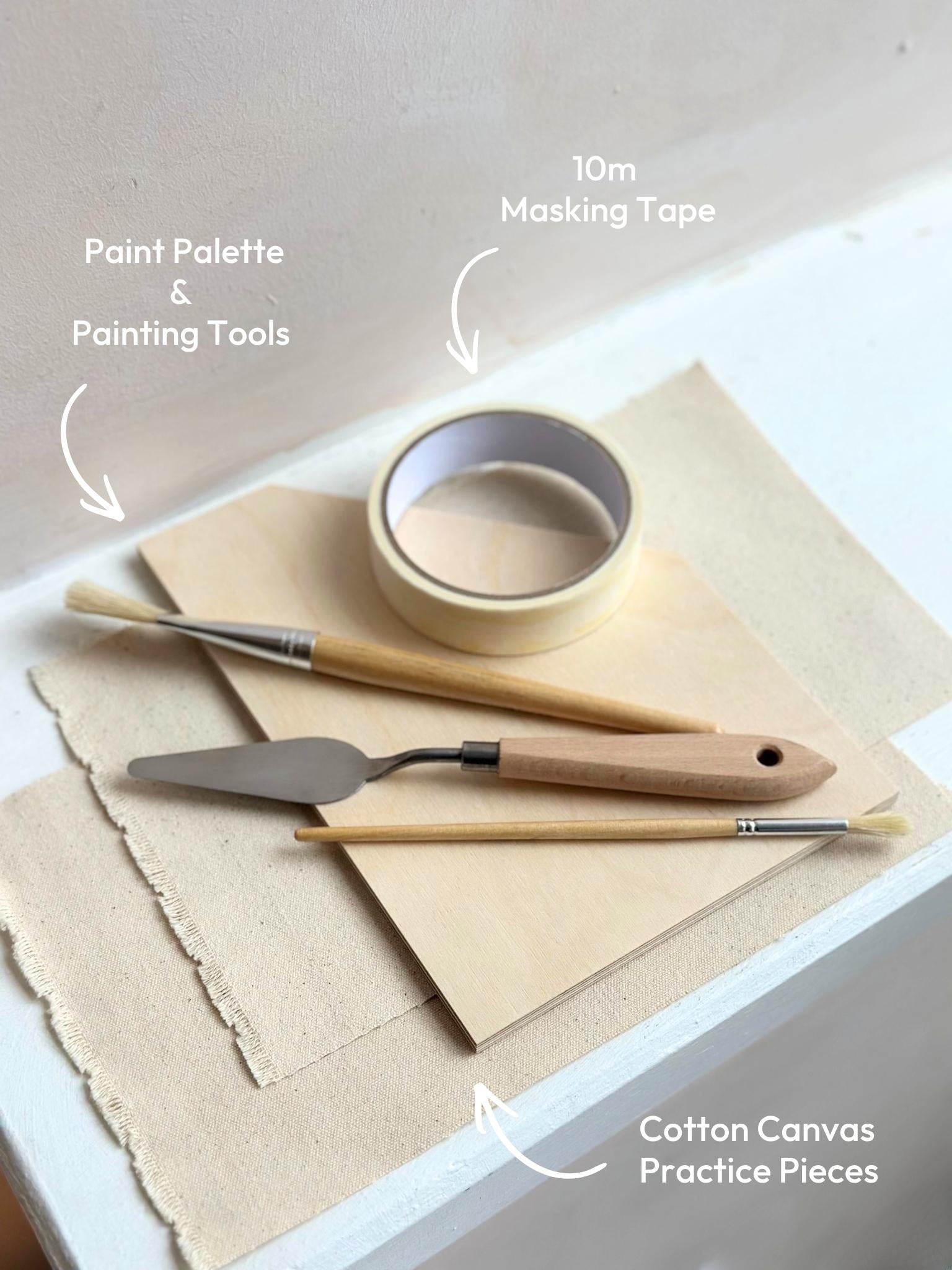DIY art kit tools including paint palette, brushes, palette knife, masking tape and cotton canvas practice pieces for creating abstract art at home.