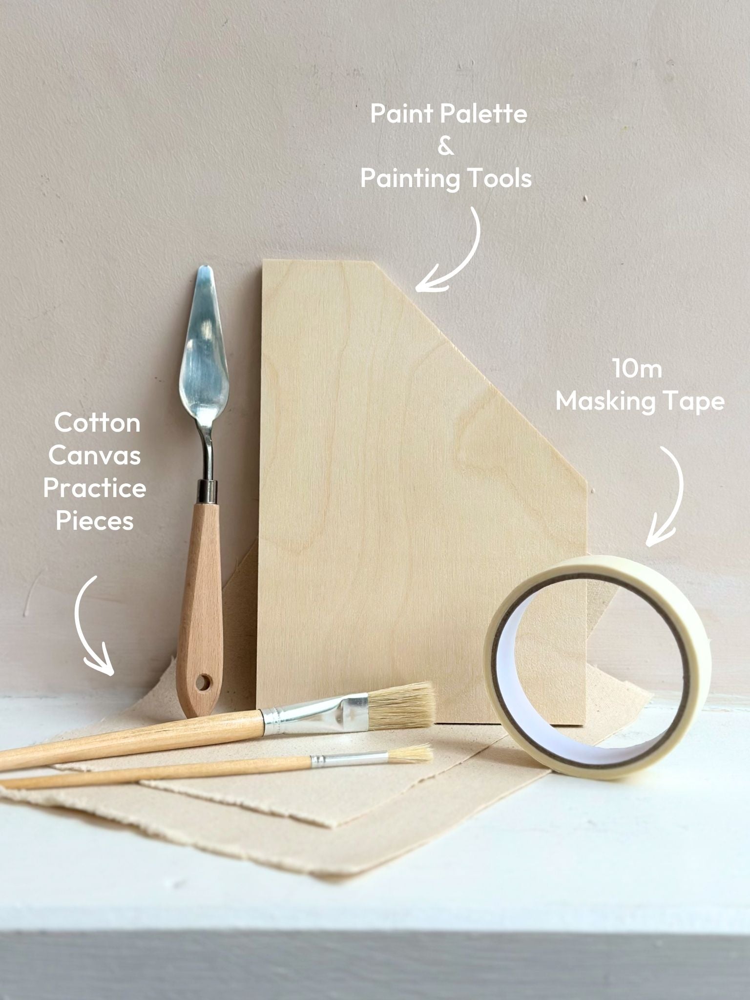 Plan DIY art kit with painting tools, paint palette, masking tape and cotton canvas practice pieces included.