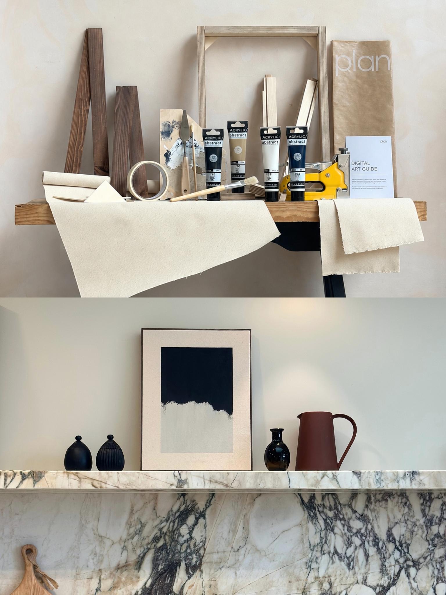Framed Canvas Art Kit with a Monochrome acrylic paint colour palette with everything you need to make your own original art at home - custom frames, cotton canvas, paints, tools and staple gun.