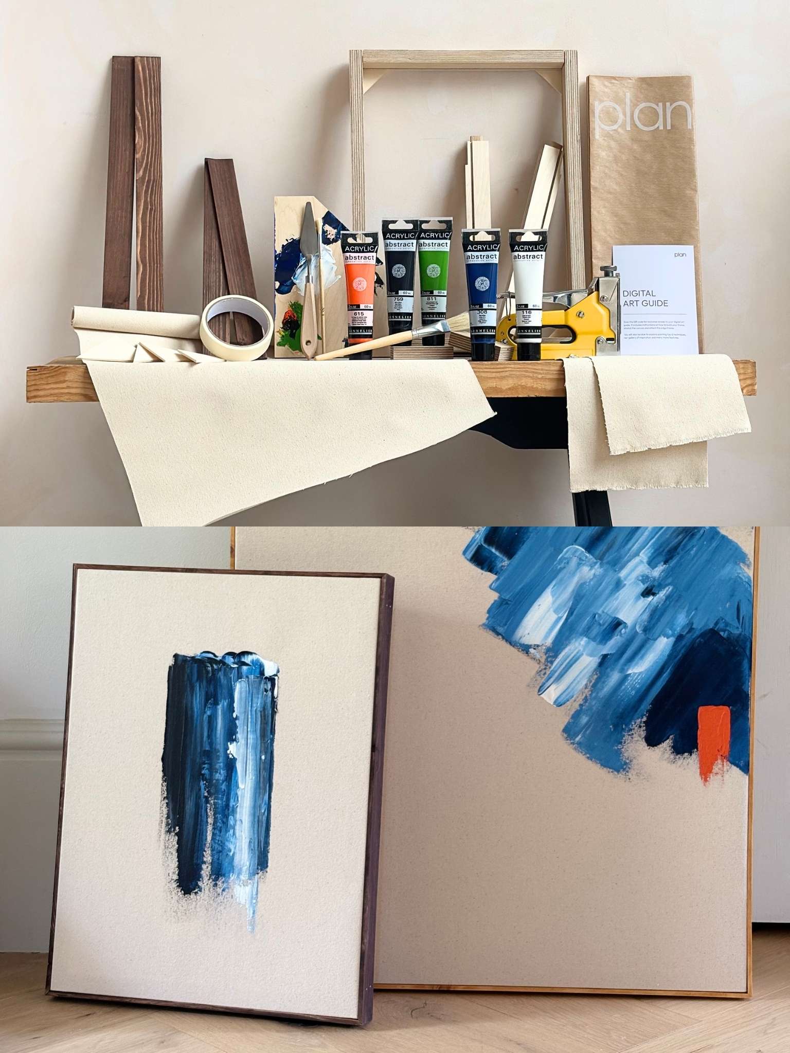 Framed Canvas Art Kit with a Navy and Bright acrylic paint colour palette with everything you need to make your own original art at home - custom frames, cotton canvas, paints, tools and staple gun.