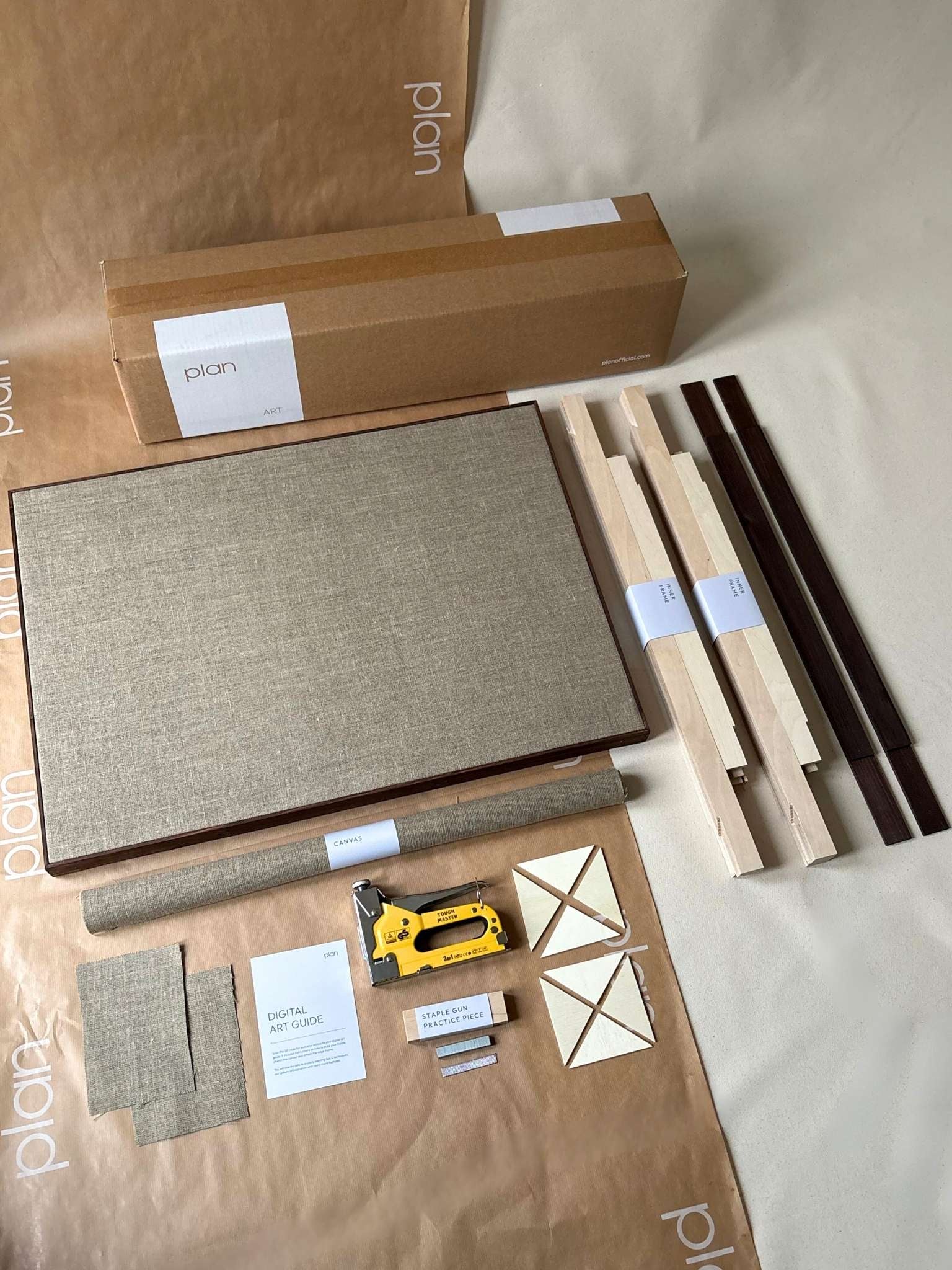 Framed linen canvas double kit with dark oak edge frames, everything included to build the frame and stretch two large linen canvases