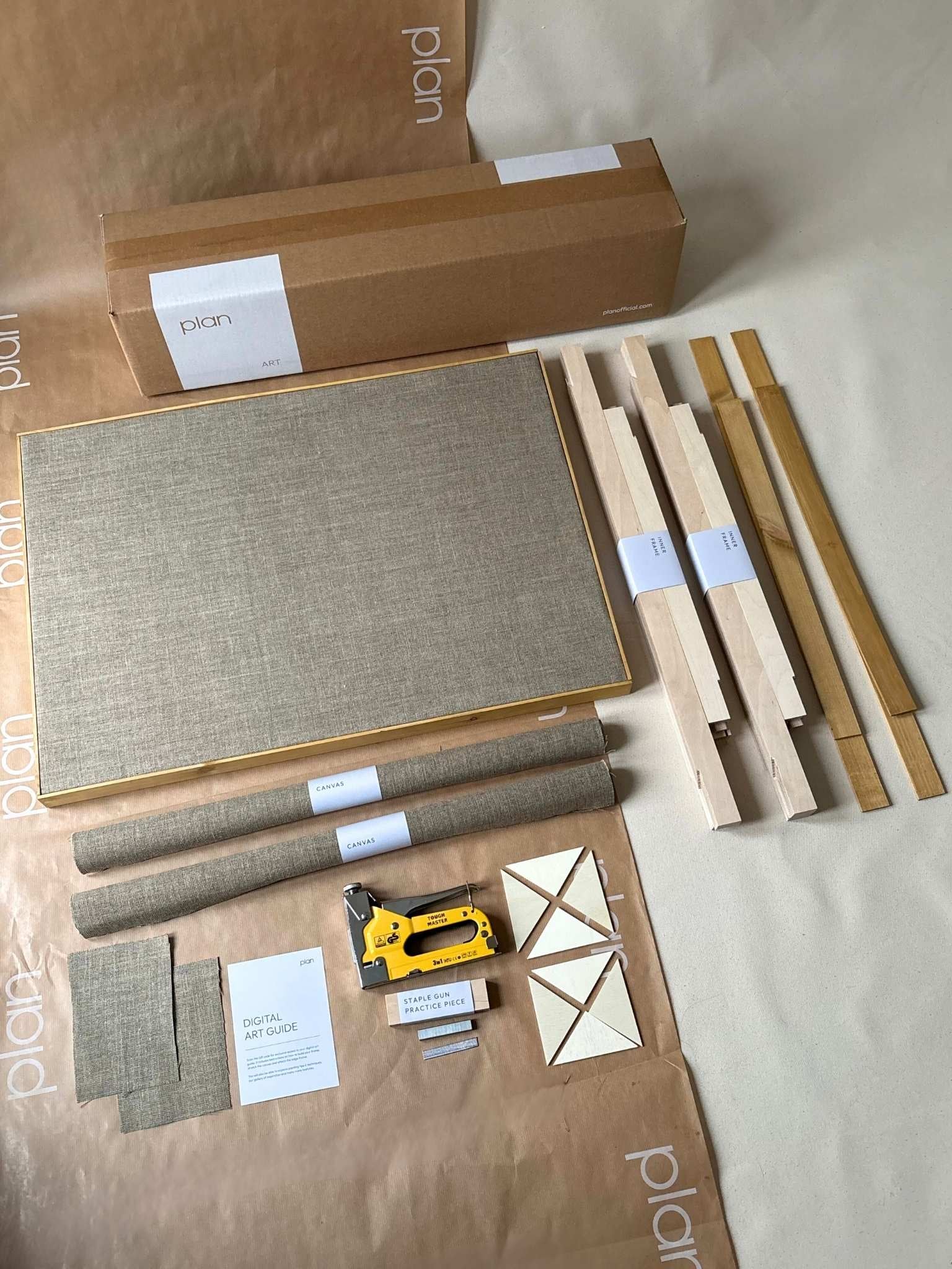 Large DIY framed linen canvas double kit with oak edge frames, build and stretch two 50 x 70 cm linen canvases, handcrafted frames included