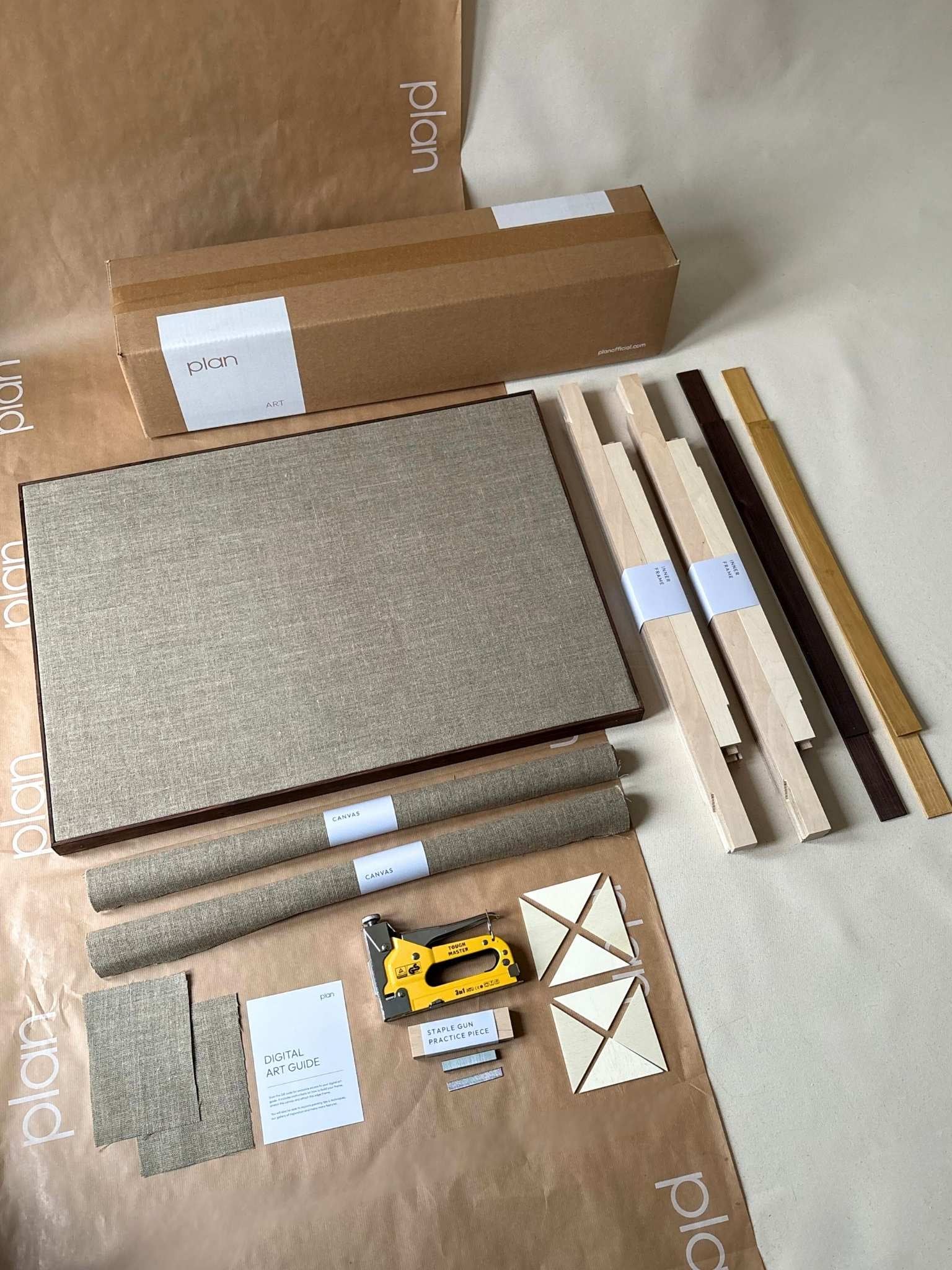 DIY framed linen canvas double kit with mixed oak and dark oak edge frames, build, stretch and frame two large linen canvases at home