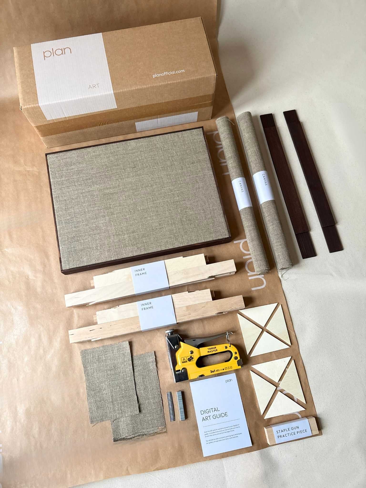 Framed linen canvas double kit with dark oak edge frames, DIY kit to build the frame and stretch two 30 x 40 cm linen canvases