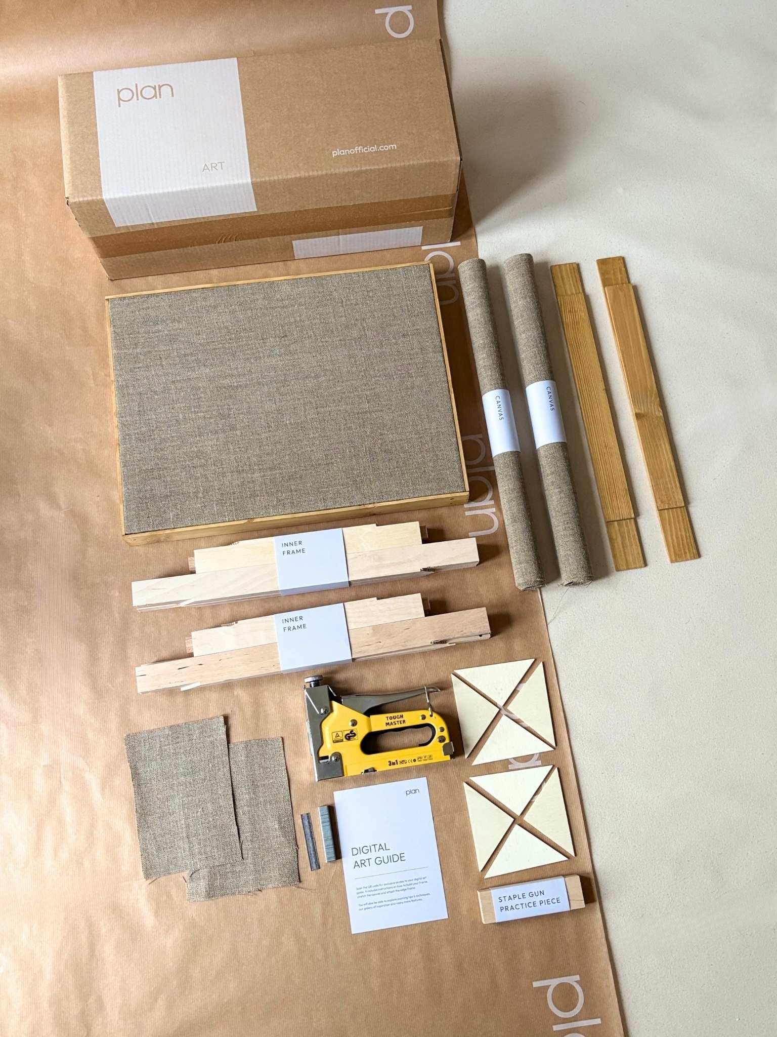 DIY framed linen canvas double kit with oak edge frames, build and stretch two 30 x 40 cm linen canvases at home, handcrafted frames included.