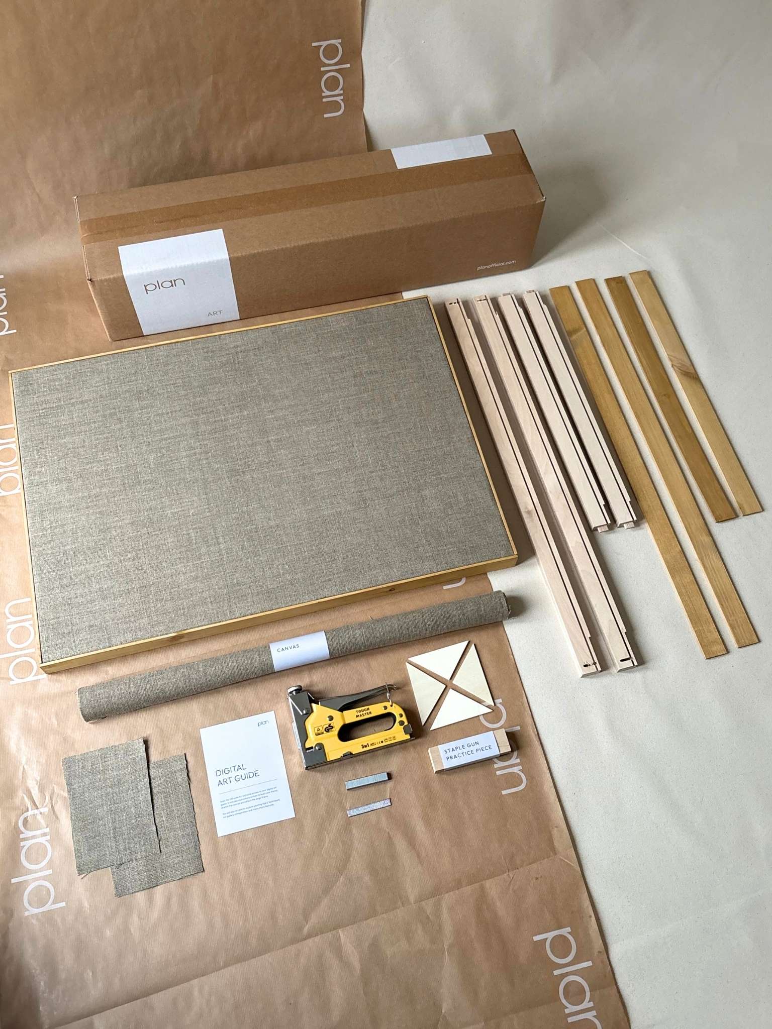 Large framed linen canvas kit with oak edge frame, featuring custom inner frame, rolled linen canvas and oak edge frame pieces, ideal as a blank canvas base for artists and DIY wall art.